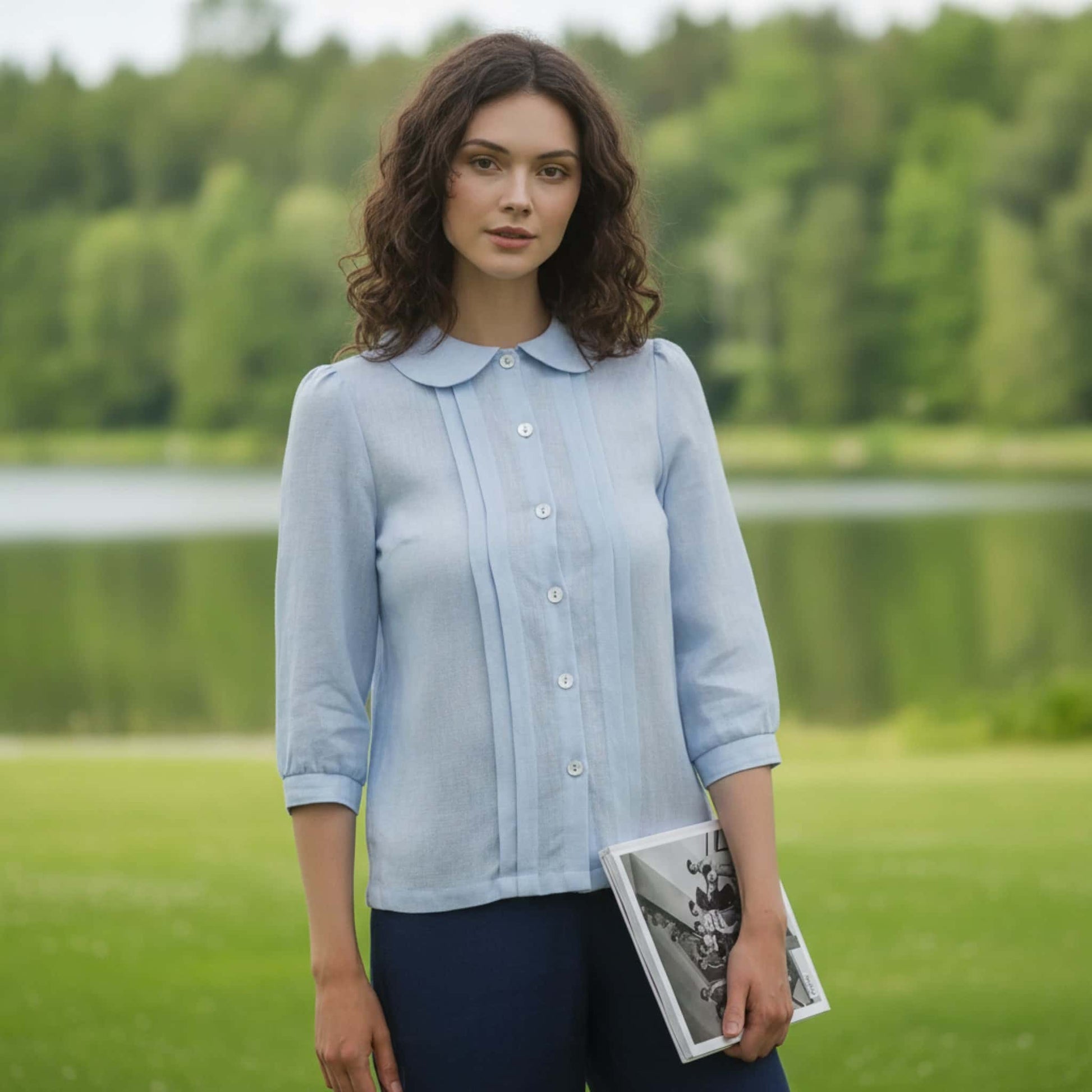 Linen Peter Pan Collar Shirt, 3/4 Sleeves