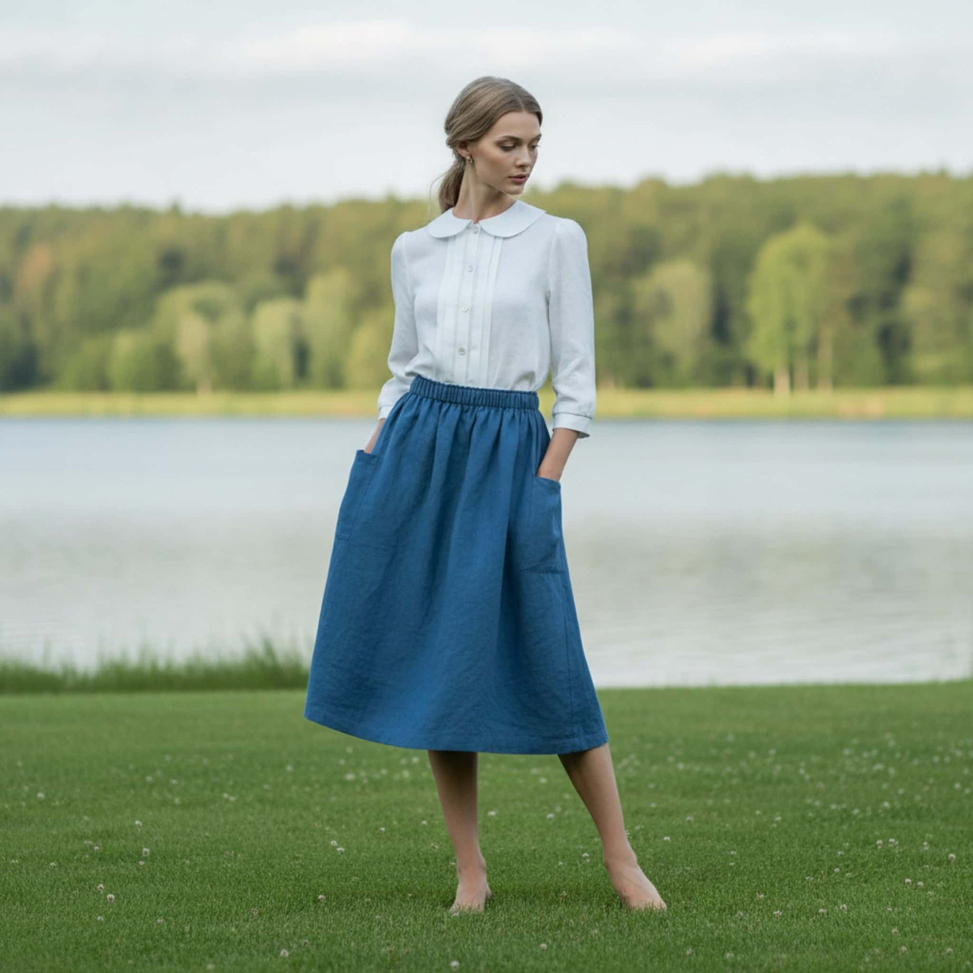 Linen Peter Pan Collar Shirt, 3/4 Sleeves
