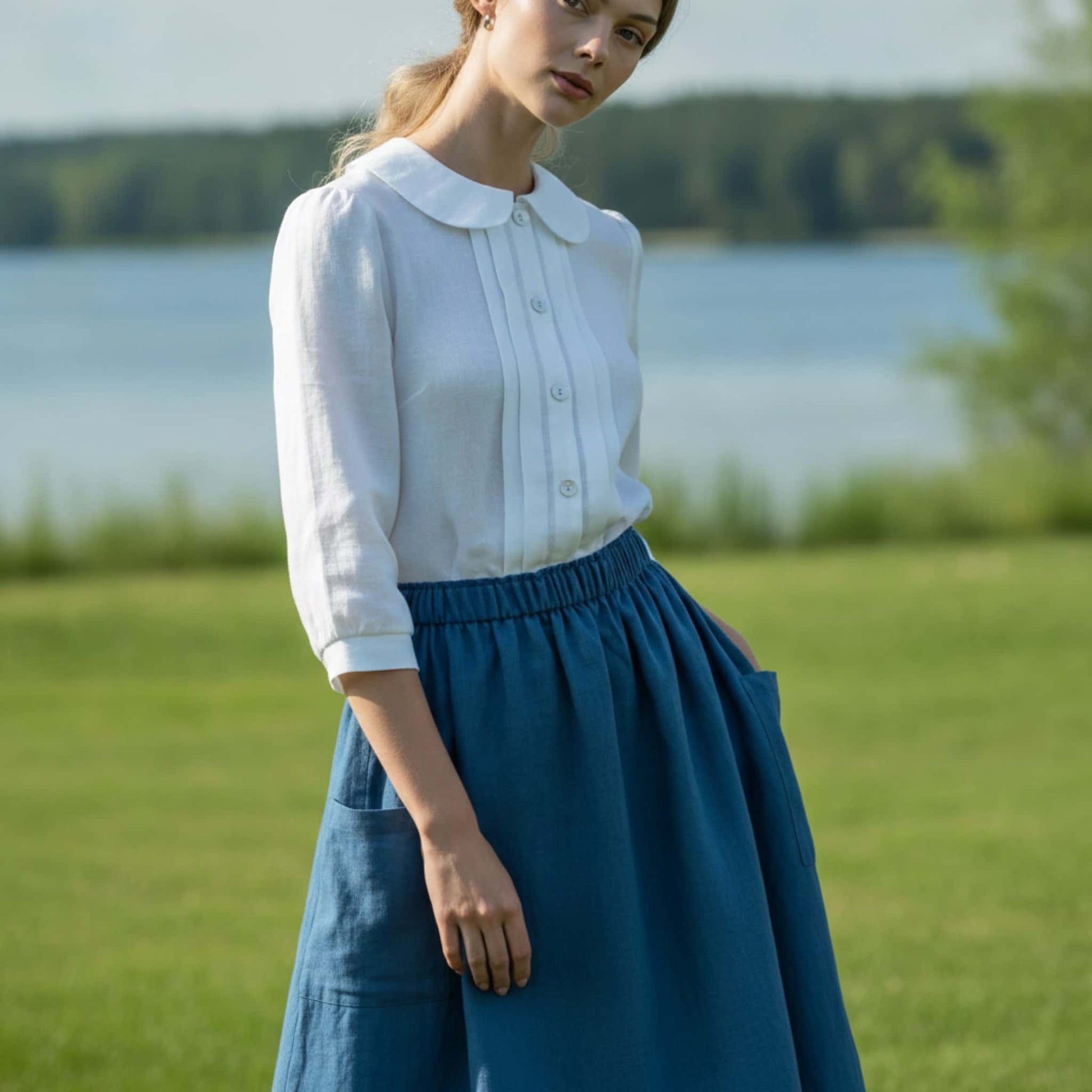 Linen Peter Pan Collar Shirt, 3/4 Sleeves