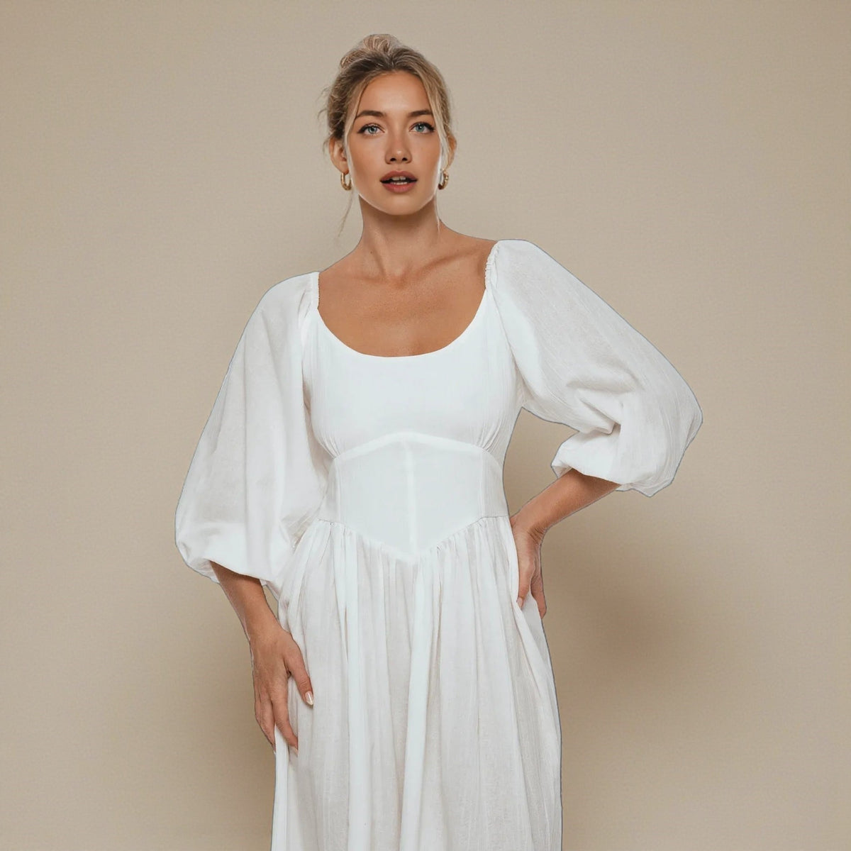 Linen Puff Sleeve Midi Dress, Scoop Neck Midi Dress
