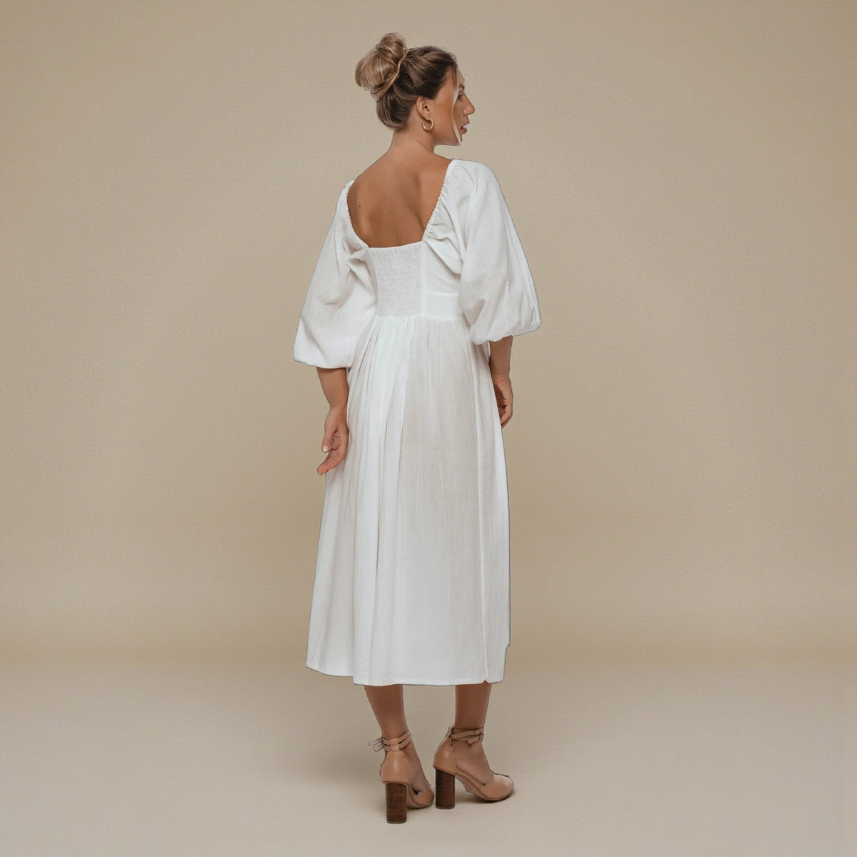 Linen Puff Sleeve Midi Dress, Scoop Neck Midi Dress