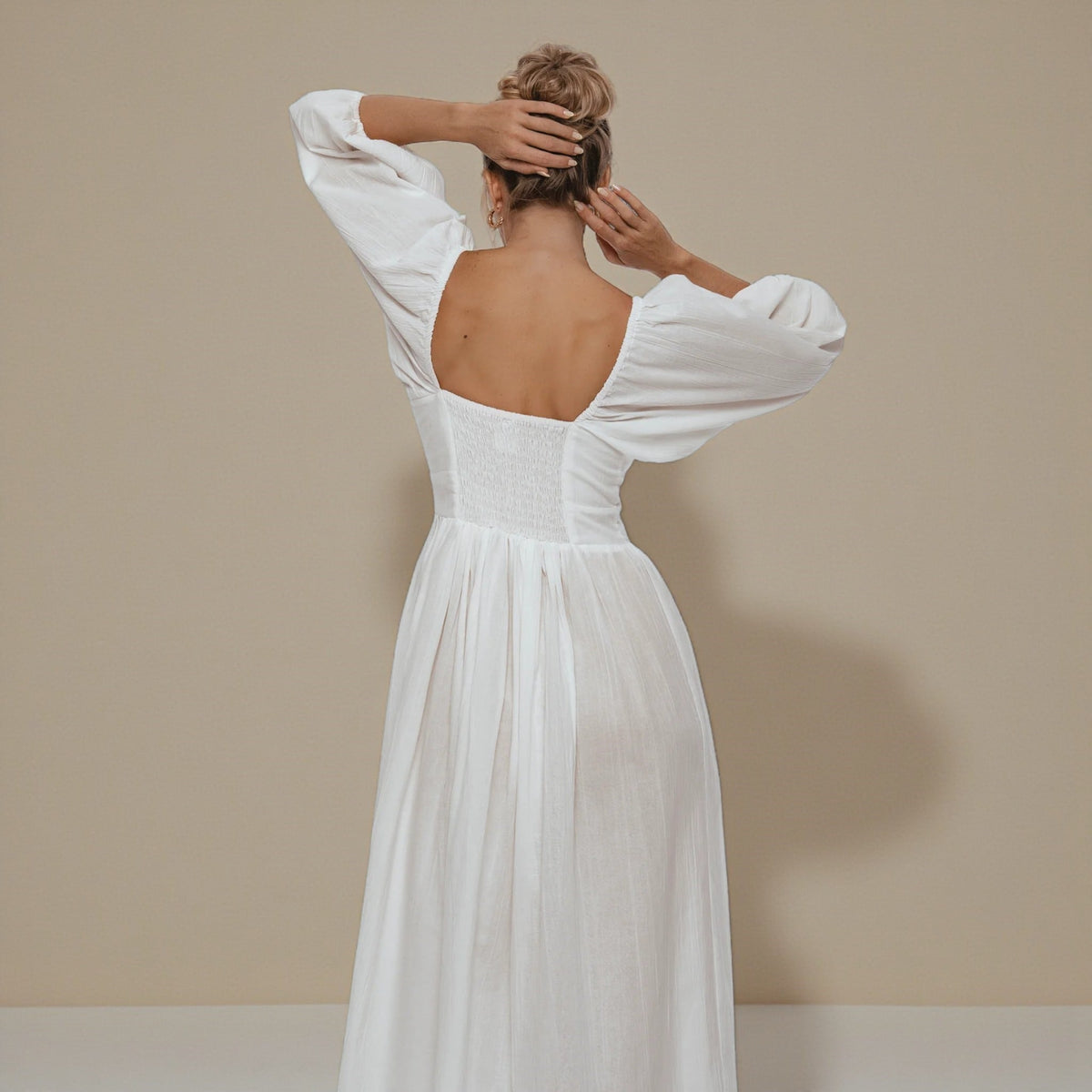 Linen Puff Sleeve Midi Dress, Scoop Neck Midi Dress
