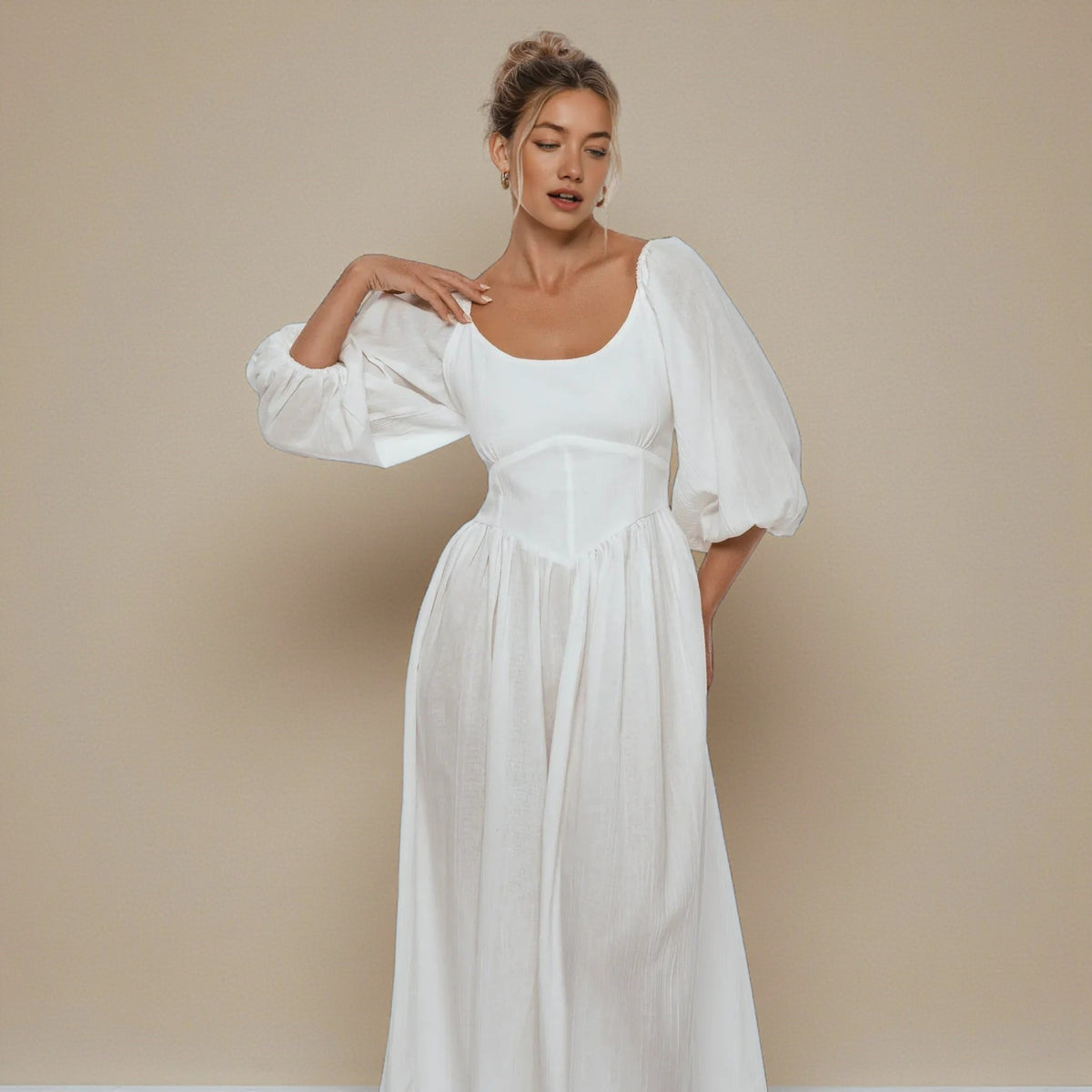 Linen Puff Sleeve Midi Dress, Scoop Neck Midi Dress