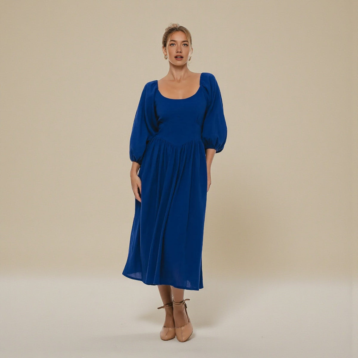 Linen Puff Sleeve Midi Dress, Scoop Neck Midi Dress