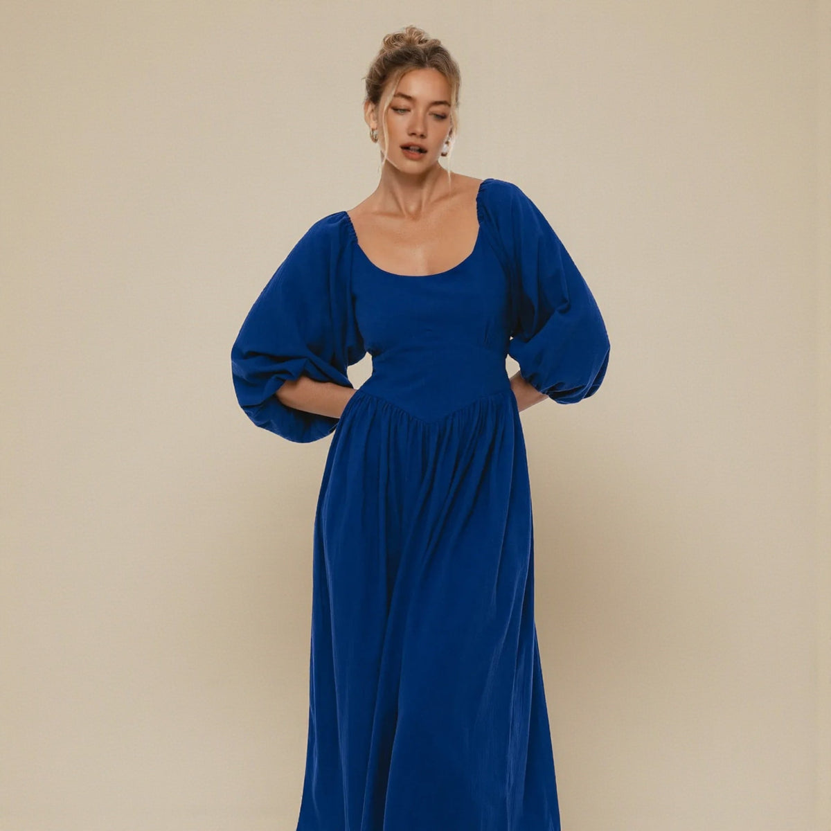 Linen Puff Sleeve Midi Dress, Scoop Neck Midi Dress