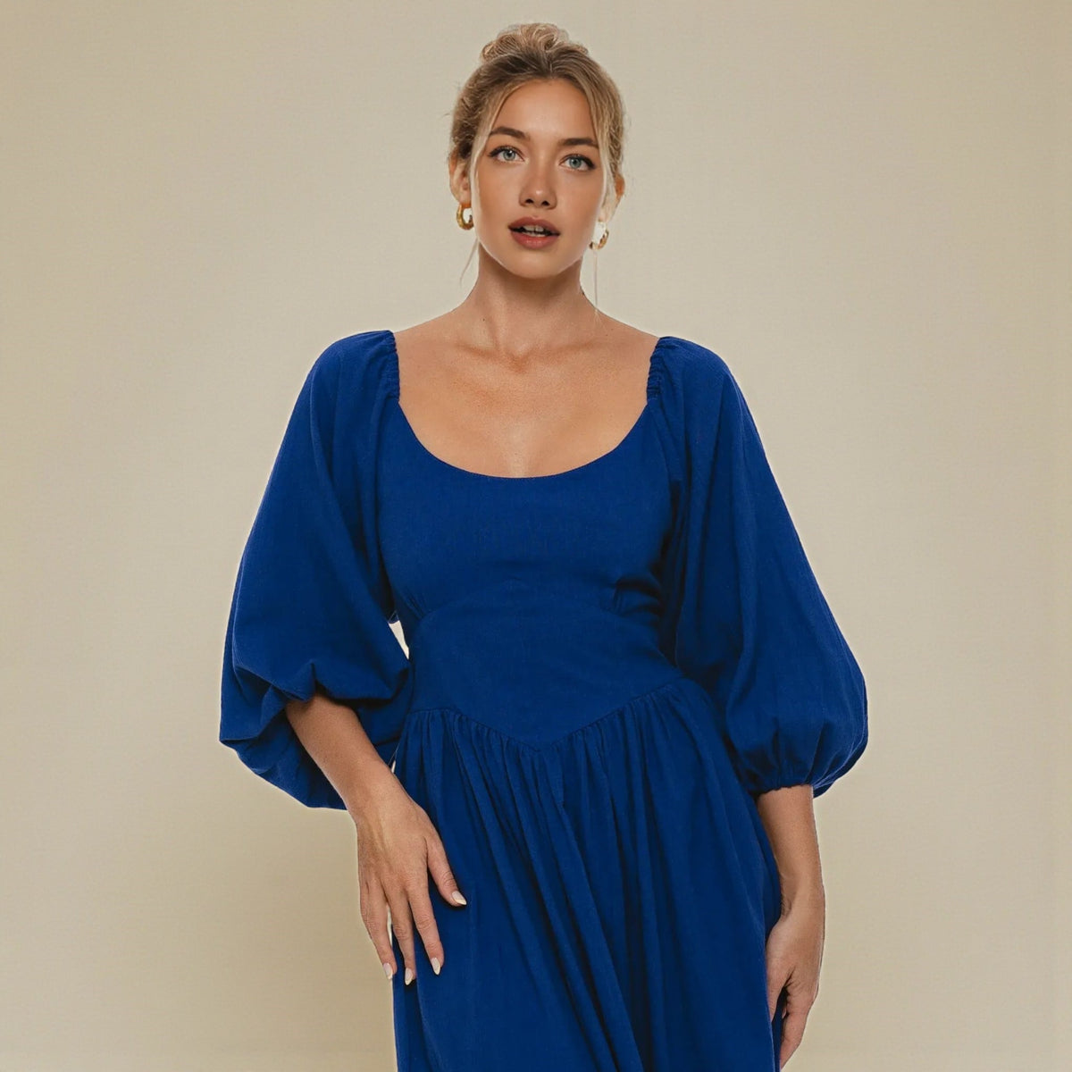 Linen Puff Sleeve Midi Dress, Scoop Neck Midi Dress