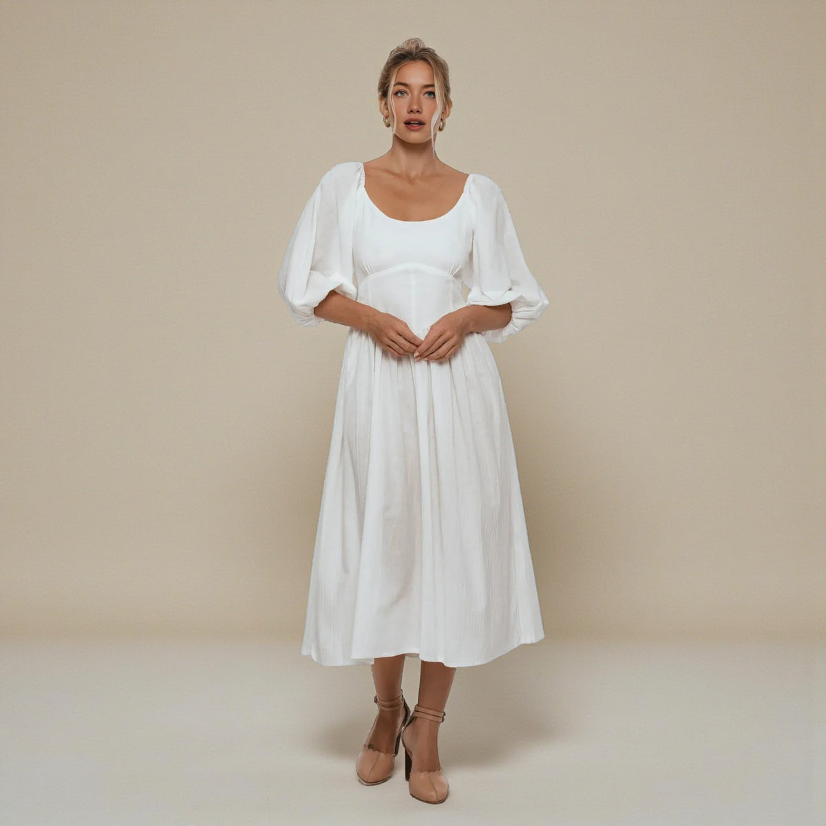 Linen Puff Sleeve Midi Dress, Scoop Neck Midi Dress