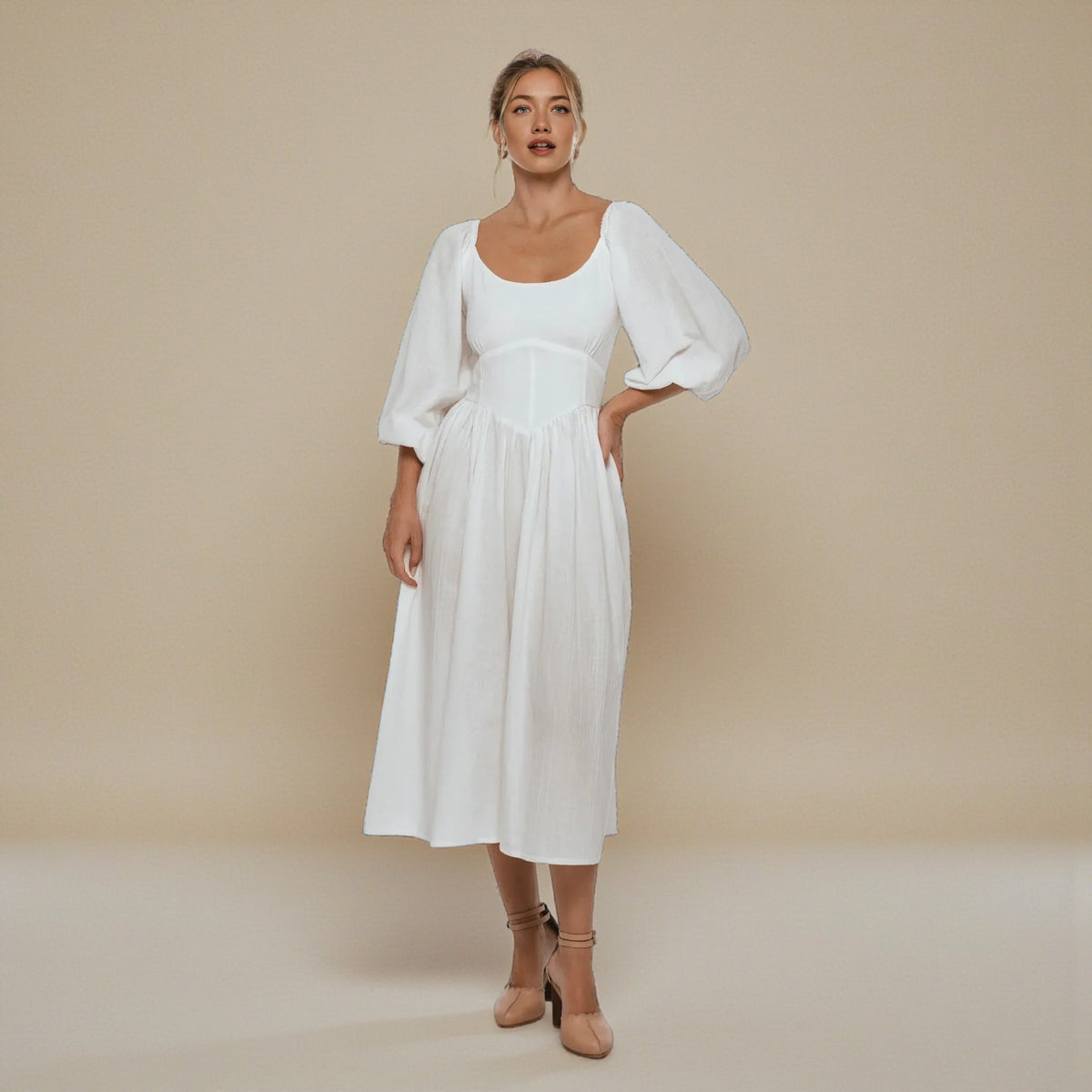 Linen Puff Sleeve Midi Dress, Scoop Neck Midi Dress
