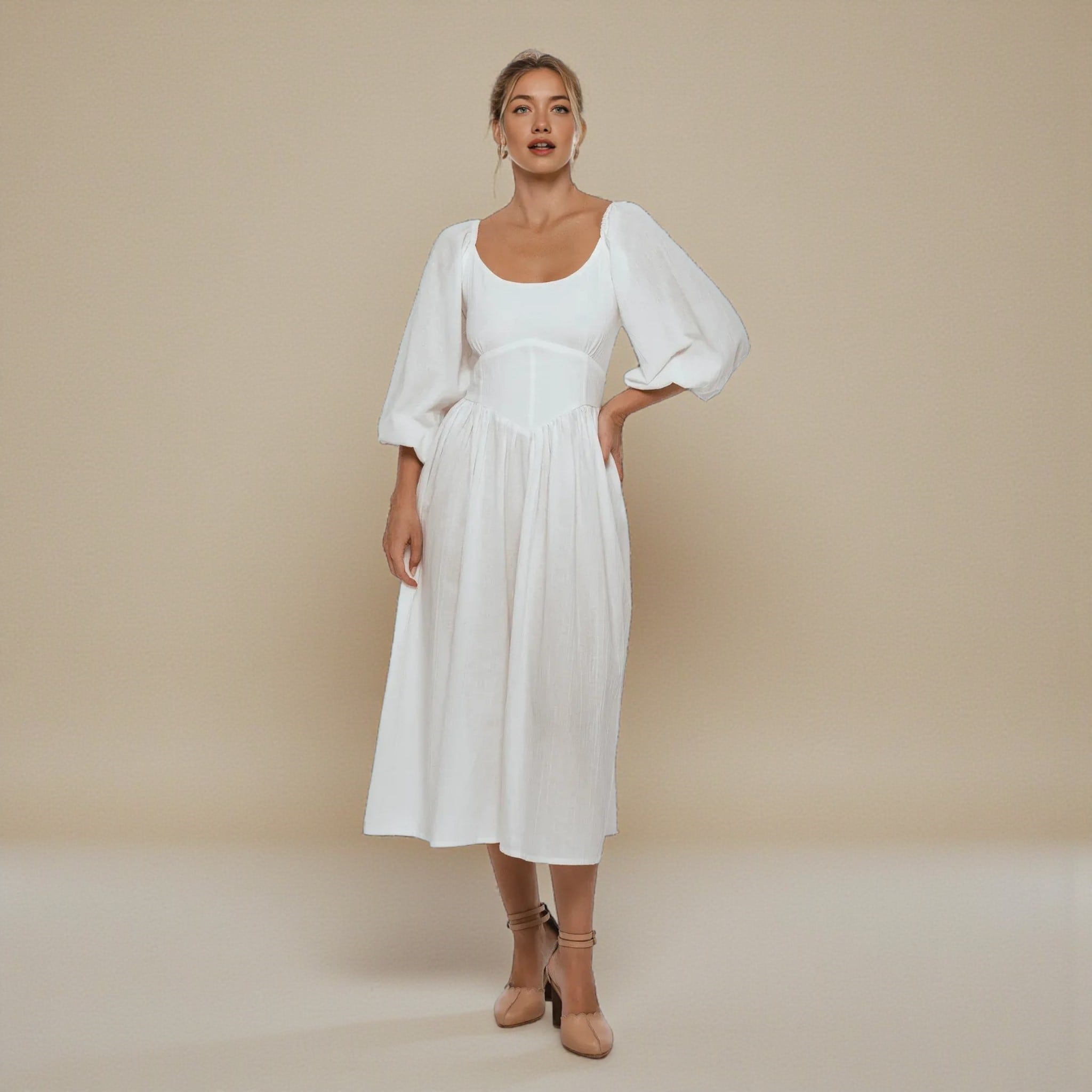Linen Puff Sleeve Midi Dress, Scoop Neck Midi Dress