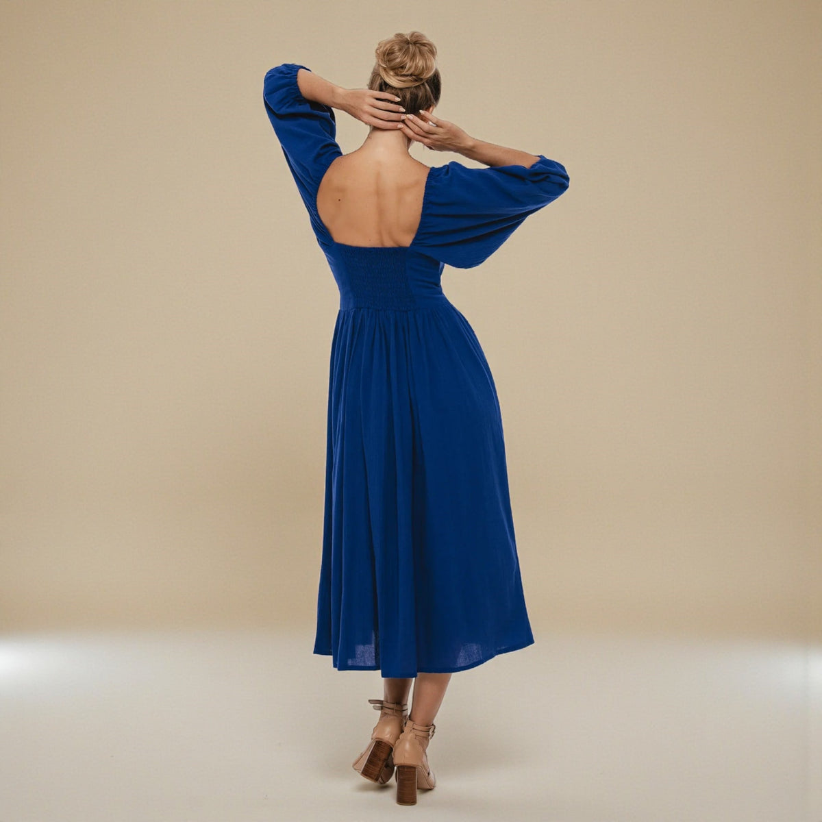 Linen Puff Sleeve Midi Dress, Scoop Neck Midi Dress