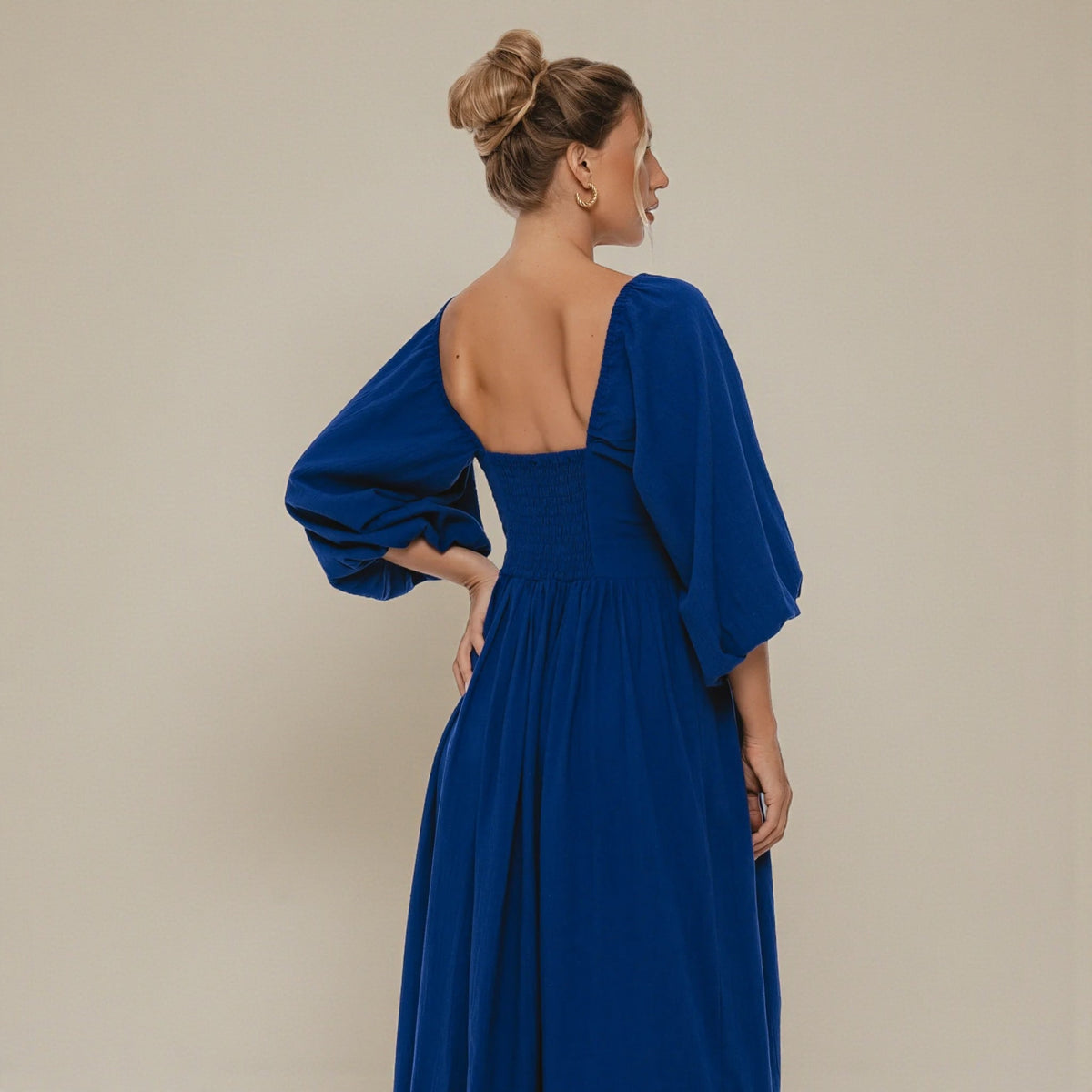 Linen Puff Sleeve Midi Dress, Scoop Neck Midi Dress