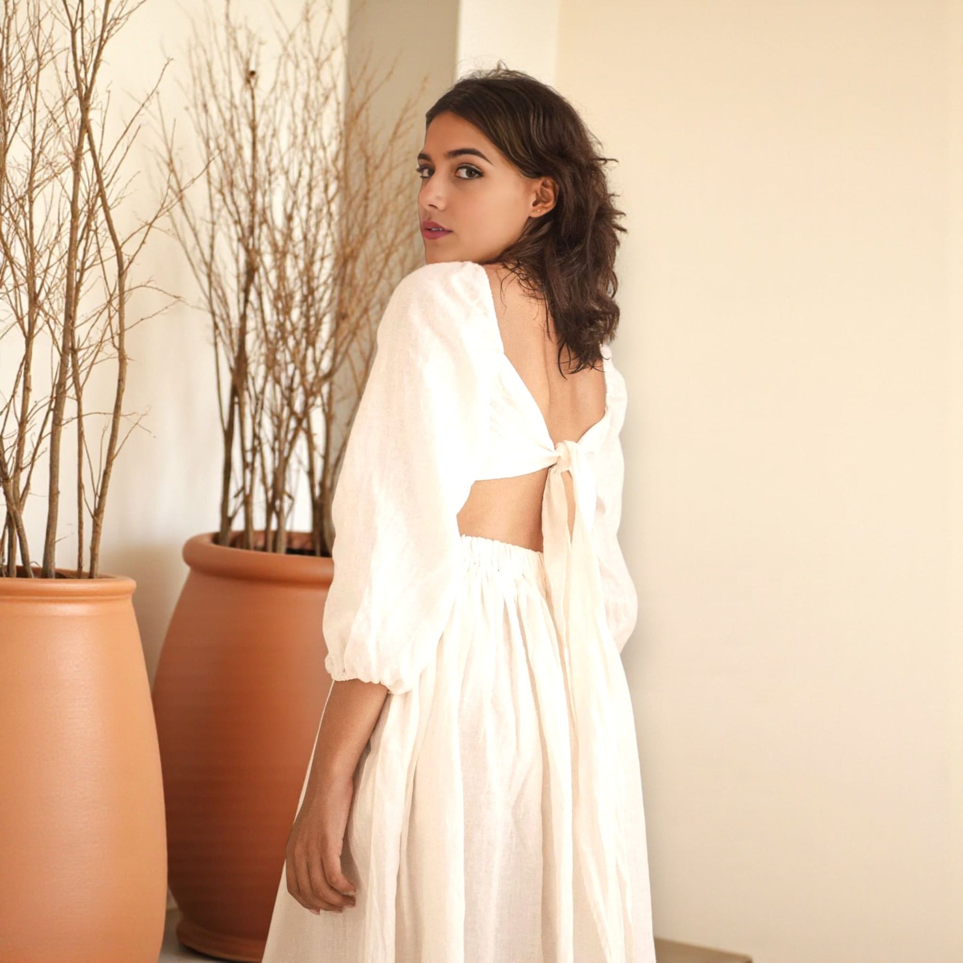 Linen Puff Sleeve Top, Square Neckline Tie-Back Crop Top