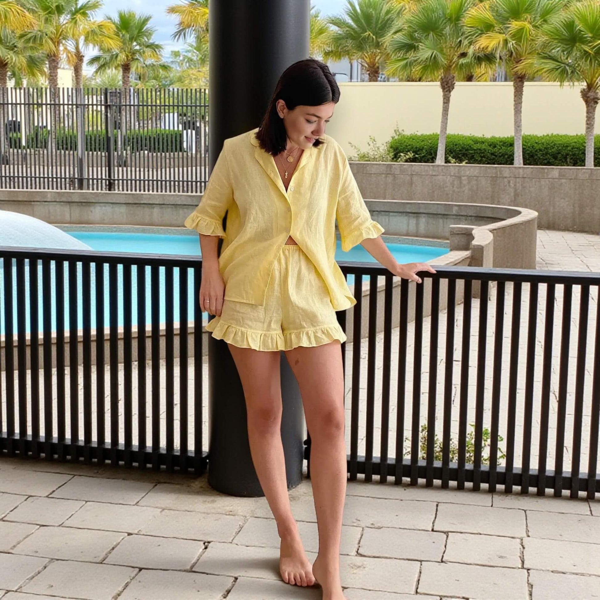 Linen Ruffle-Sleeve Blouse, Band Collar Linen Shirt