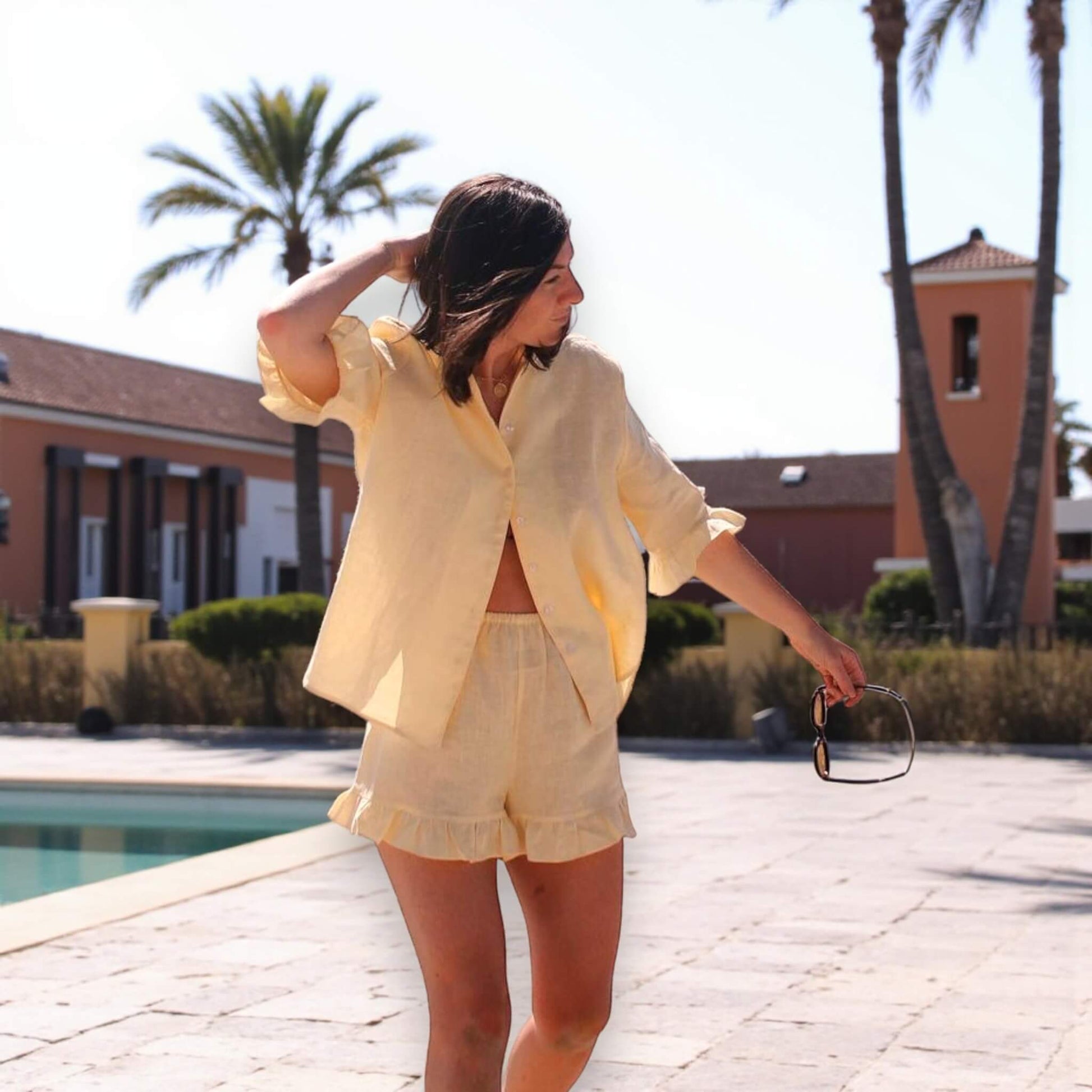 Linen Ruffle-Sleeve Blouse, Band Collar Linen Shirt