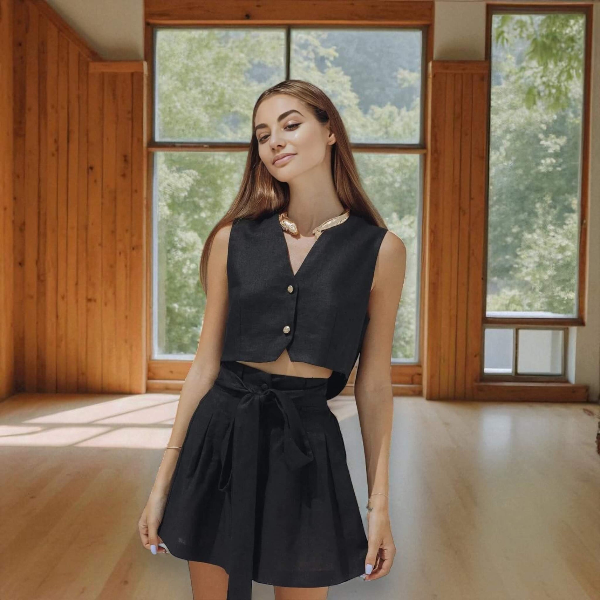 Linen Set Women, Cropped Linen Waistcoat And Tie Waist Shorts Set