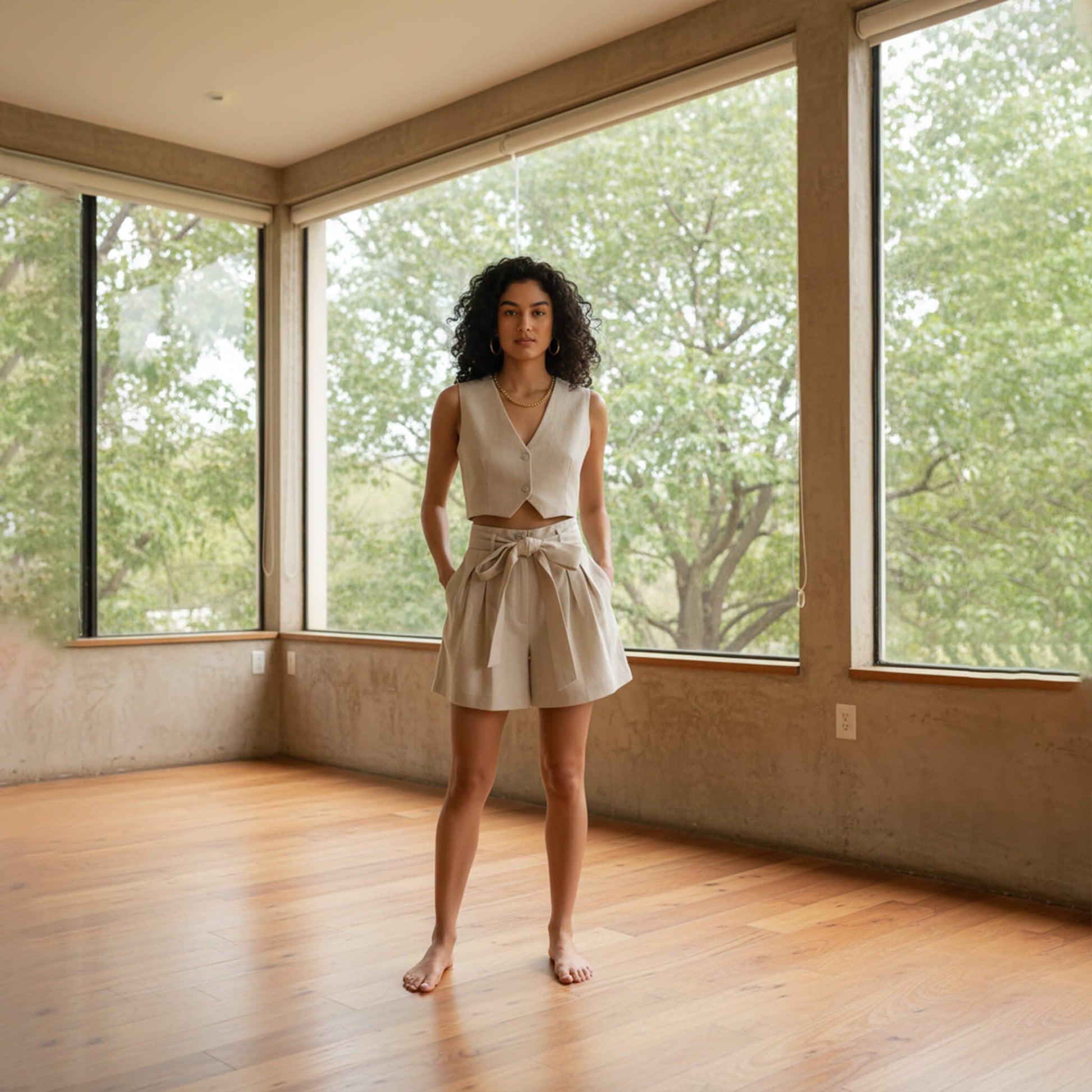 Linen Set Women, Cropped Linen Waistcoat And Tie Waist Shorts Set