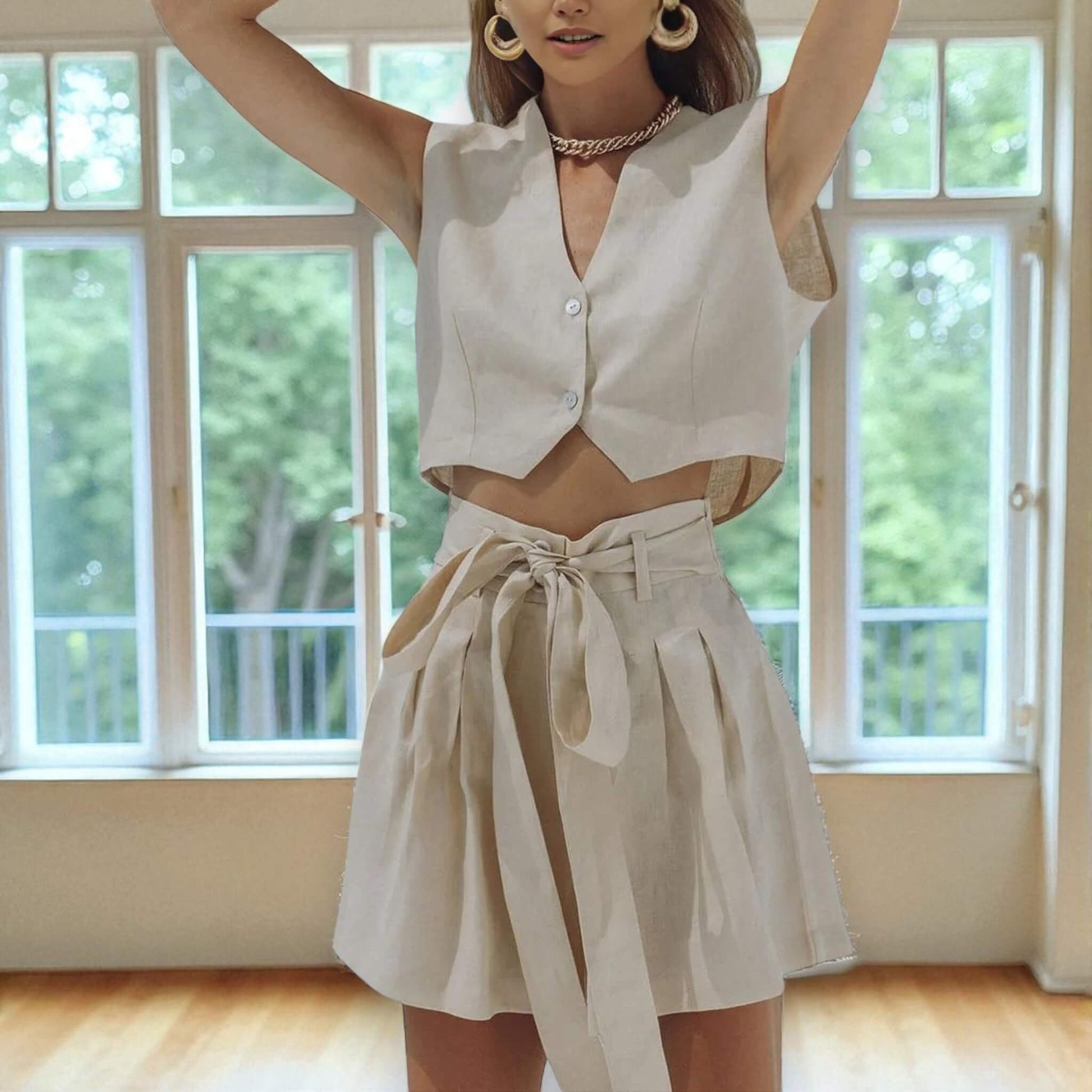 Linen Set Women, Cropped Linen Waistcoat And Tie Waist Shorts Set