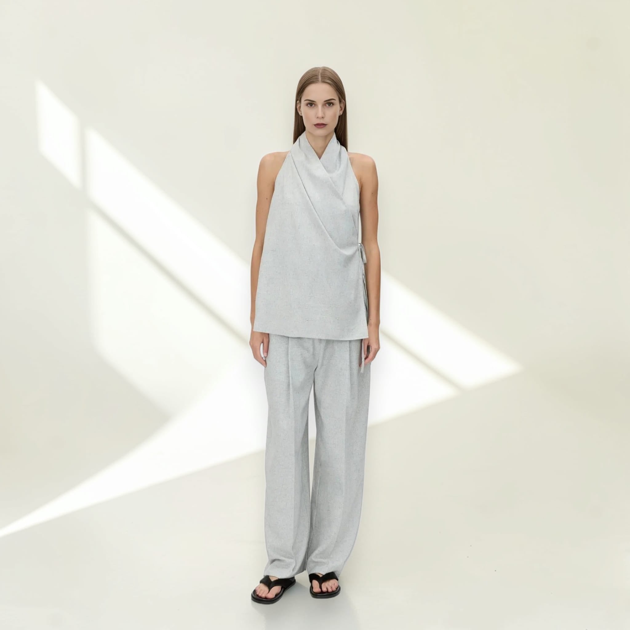 Linen Set Women, Halter Wrap Top And Wide Leg Pants Set