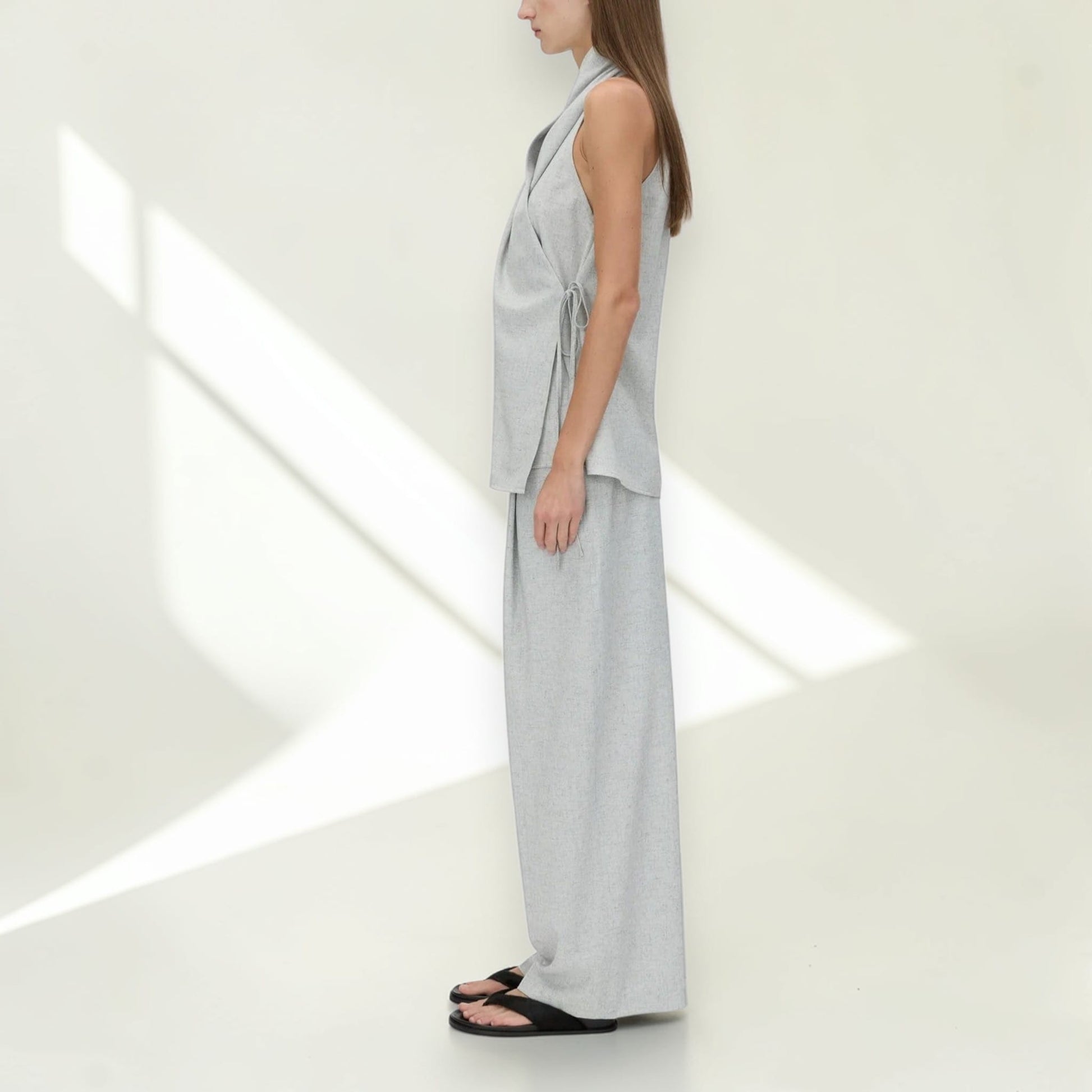 Linen Set Women, Halter Wrap Top And Wide Leg Pants Set