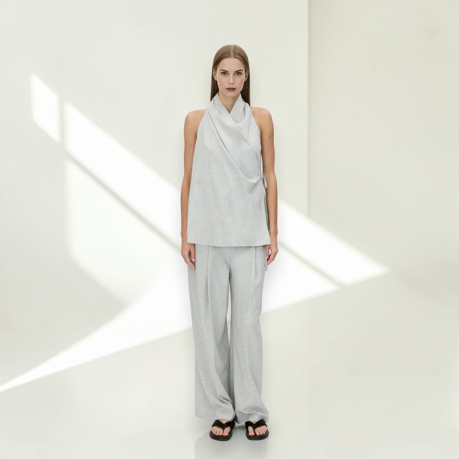 Linen Set Women, Halter Wrap Top And Wide Leg Pants Set