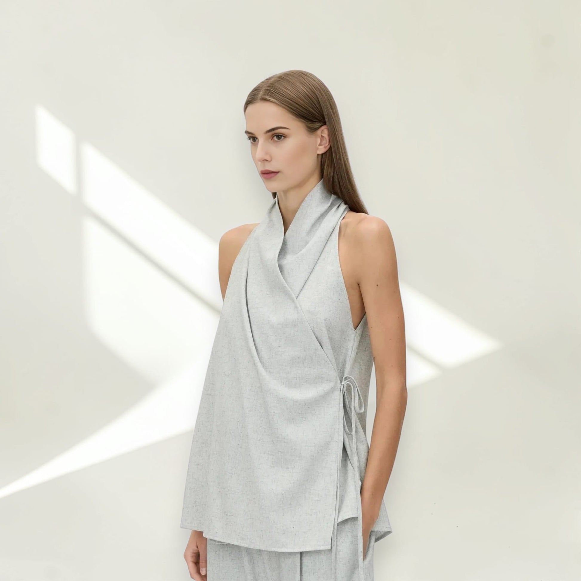 Linen Set Women, Halter Wrap Top And Wide Leg Pants Set