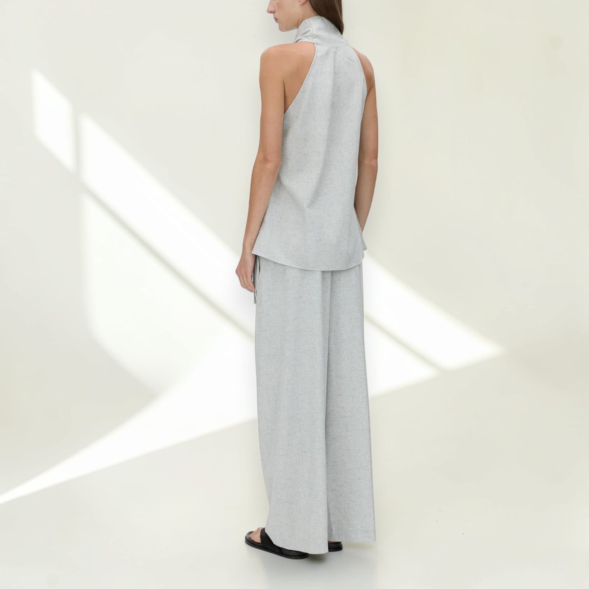 Linen Set Women, Halter Wrap Top And Wide Leg Pants Set