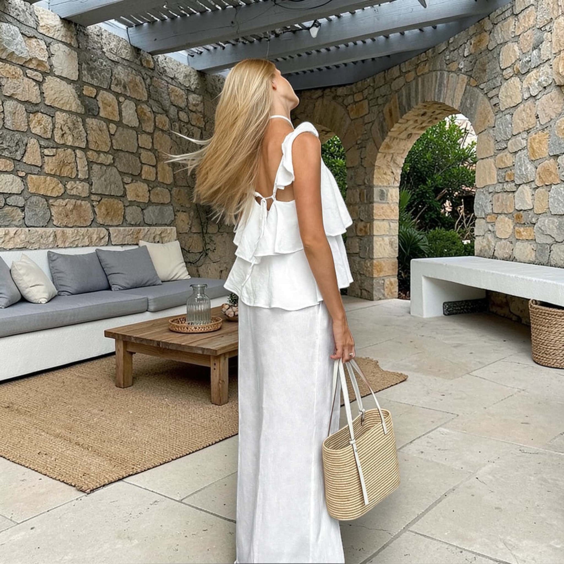 Linen Set Women, Layered Ruffle Top And Wide Leg Pants Set