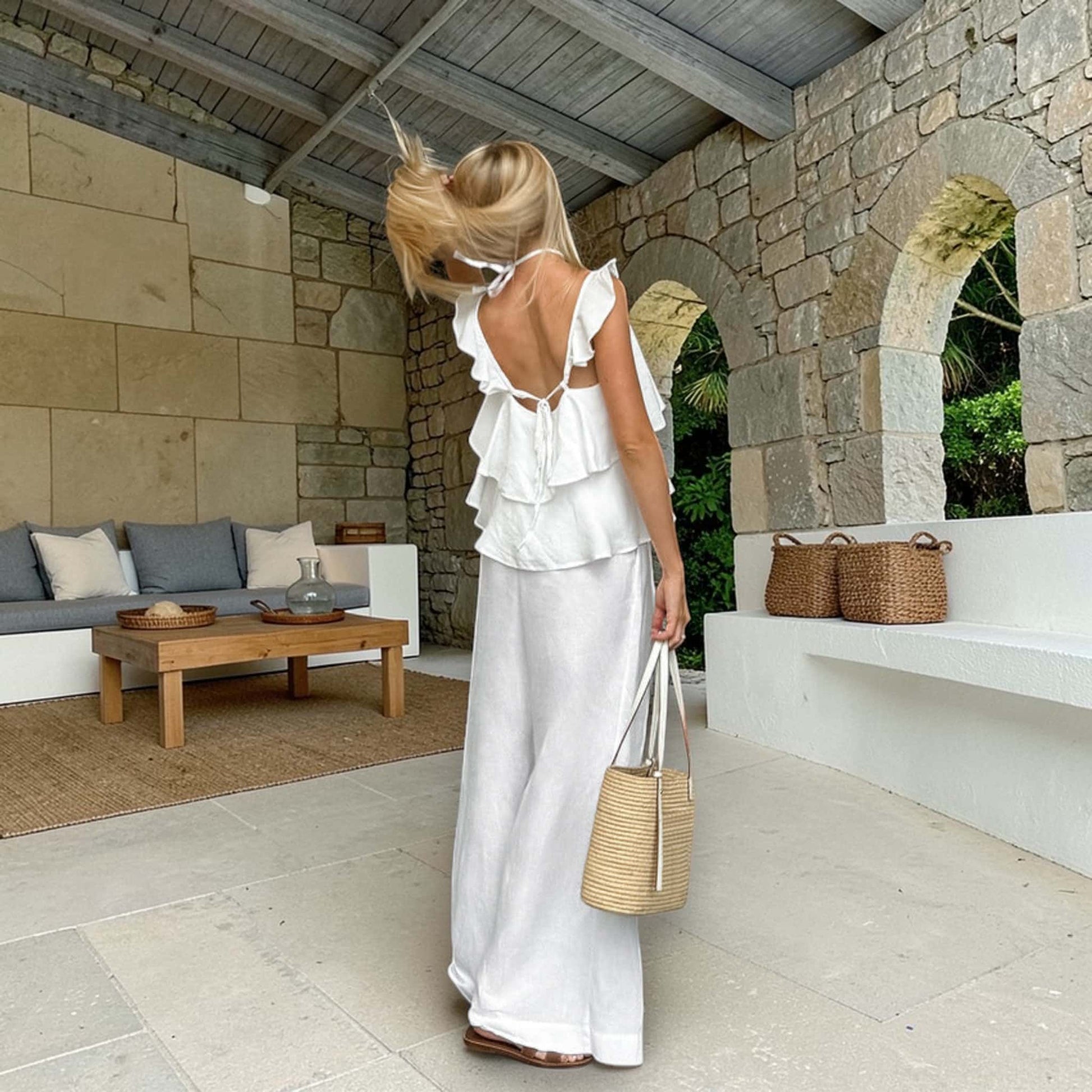 Linen Set Women, Layered Ruffle Top And Wide Leg Pants Set