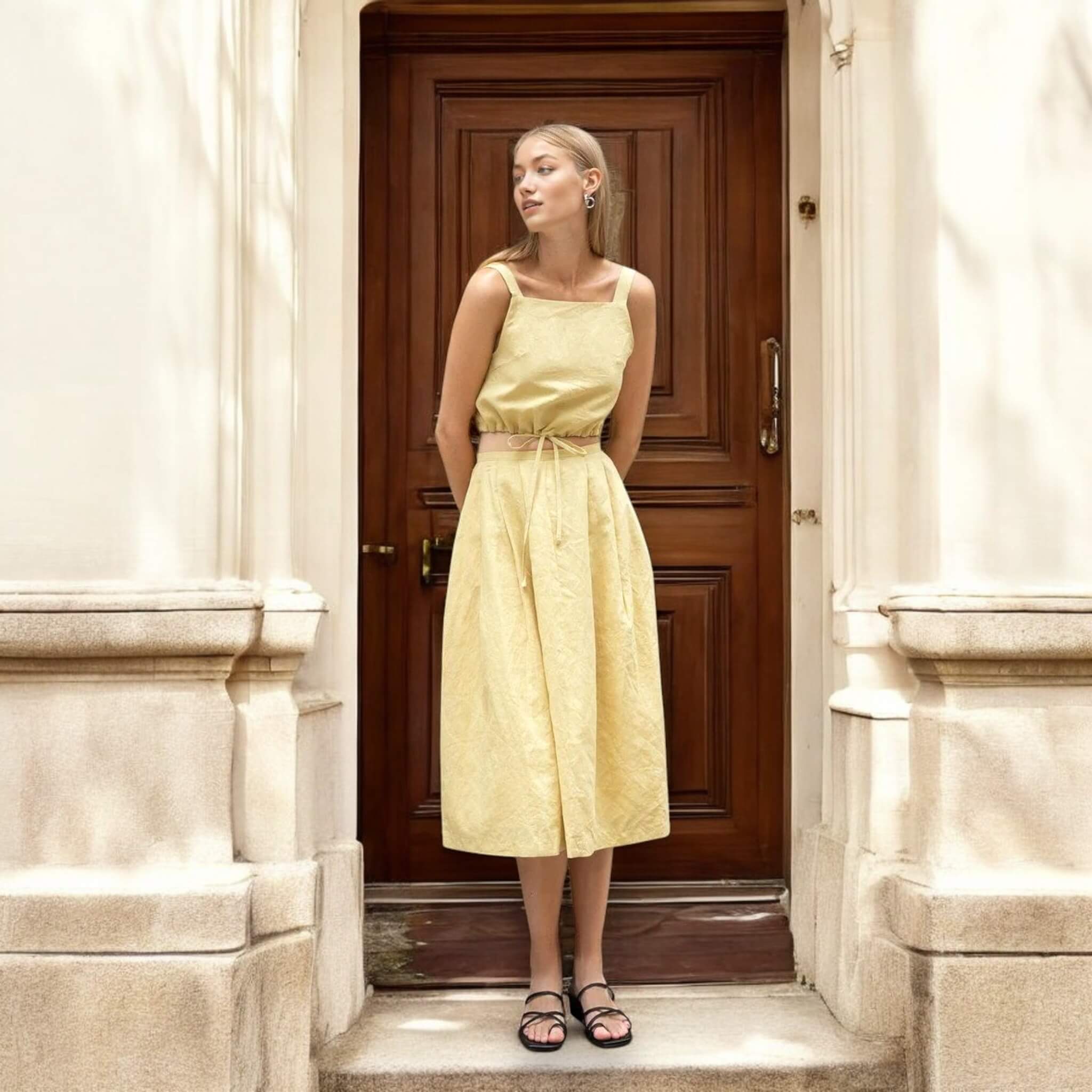 Linen Set Women, Linen Drawstring Crop Top And Midi Skirt Set