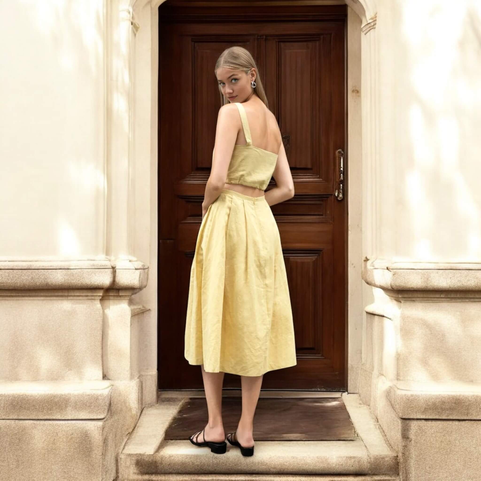 Linen Set Women, Linen Drawstring Crop Top And Midi Skirt Set