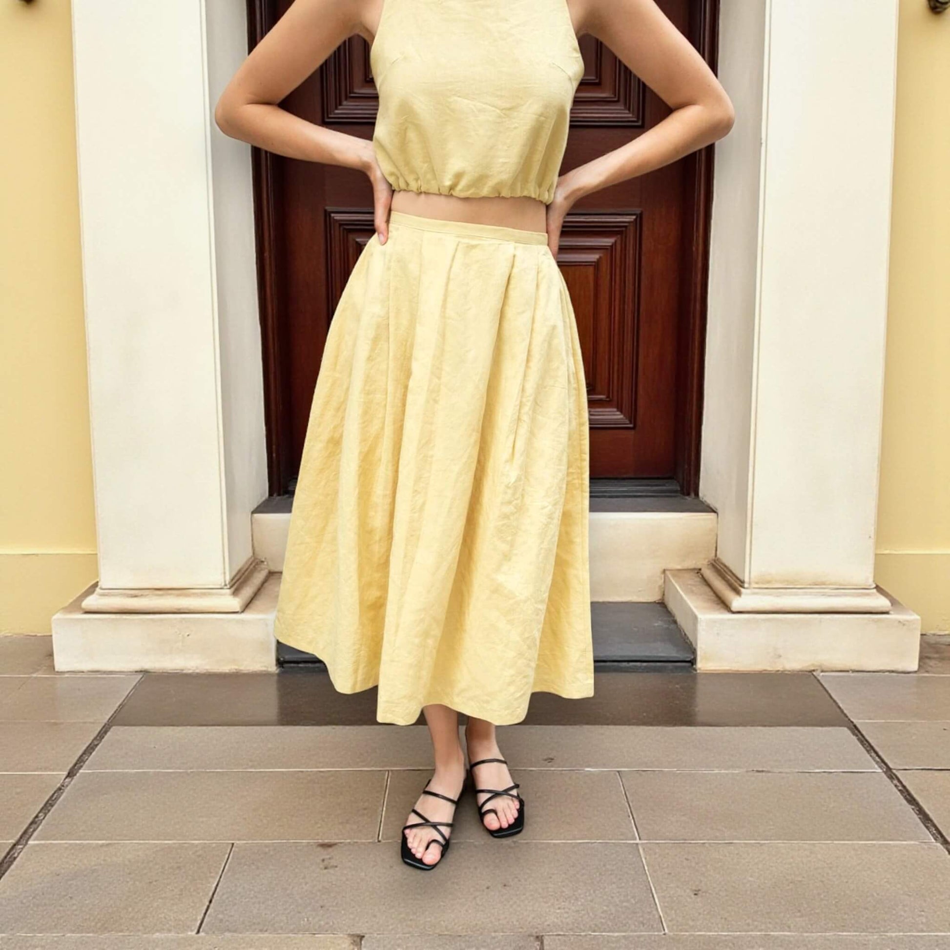 Linen Set Women, Linen Drawstring Crop Top And Midi Skirt Set