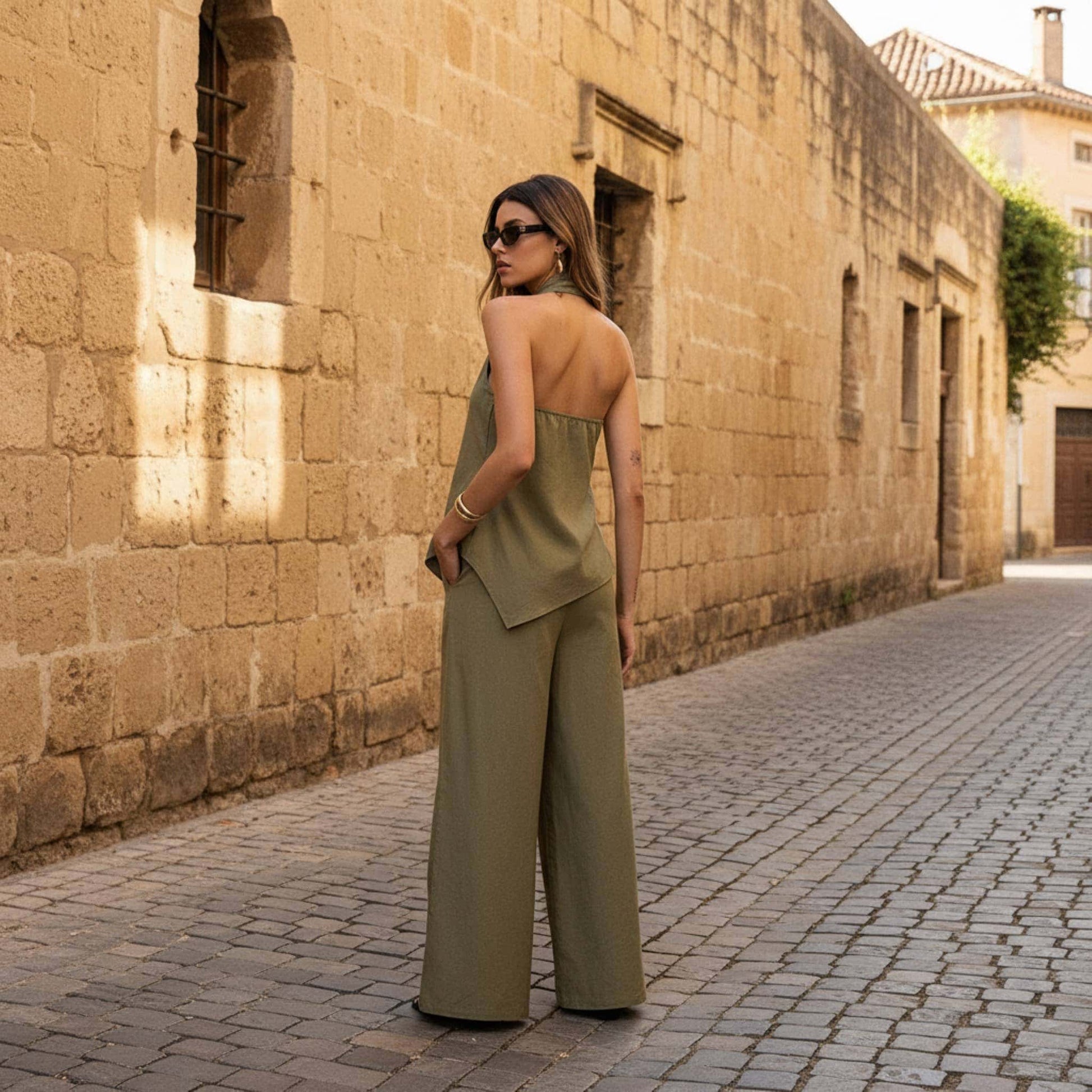 Linen Set Women, Linen Halter Top And Wide Leg Pants Set