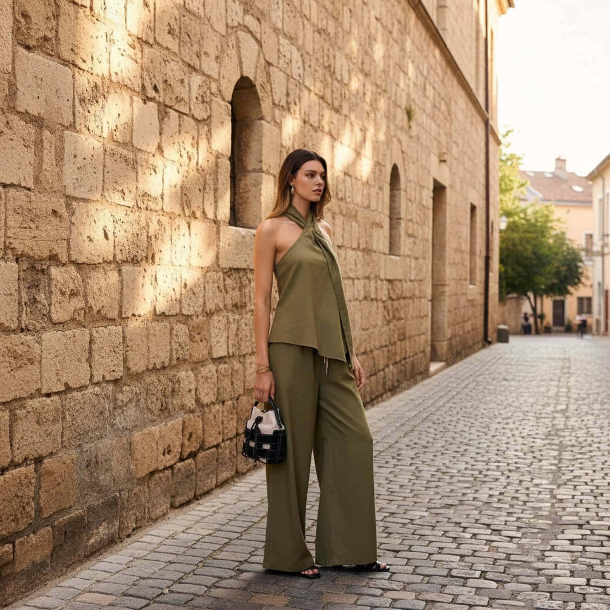 Linen Set Women, Linen Halter Top And Wide Leg Pants Set