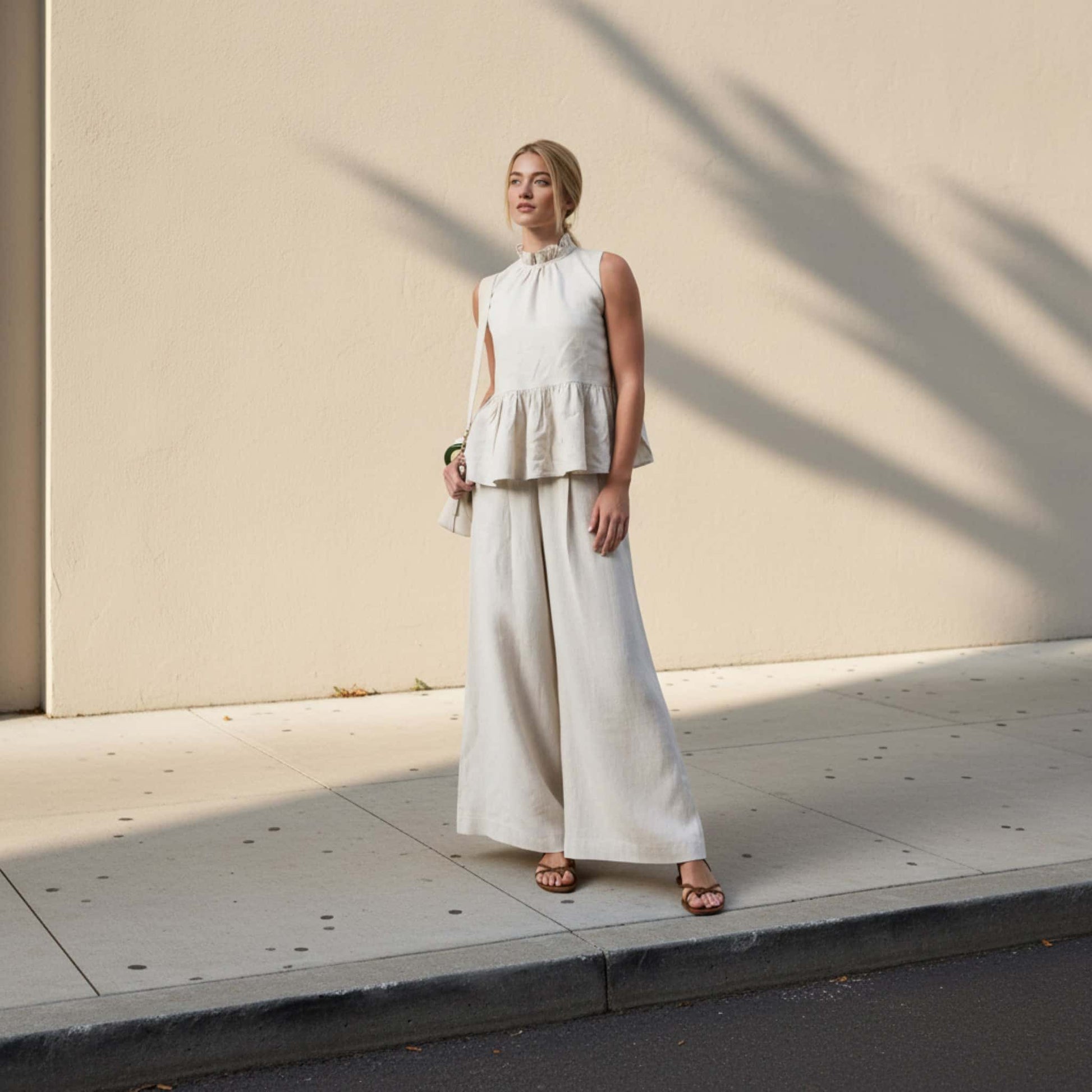 Linen Set Women, Linen Peplum Top And Wide Leg Pants Set