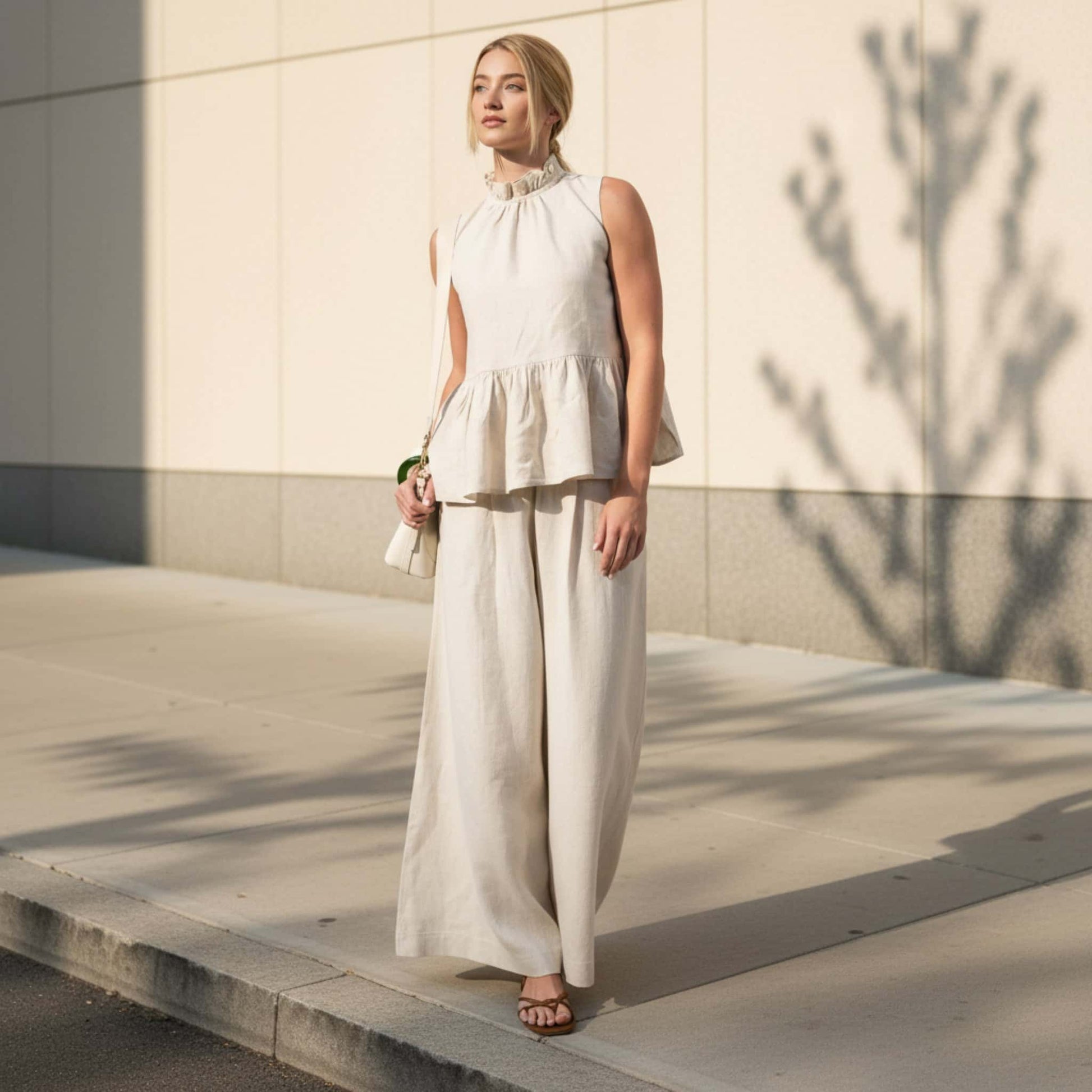 Linen Set Women, Linen Peplum Top And Wide Leg Pants Set