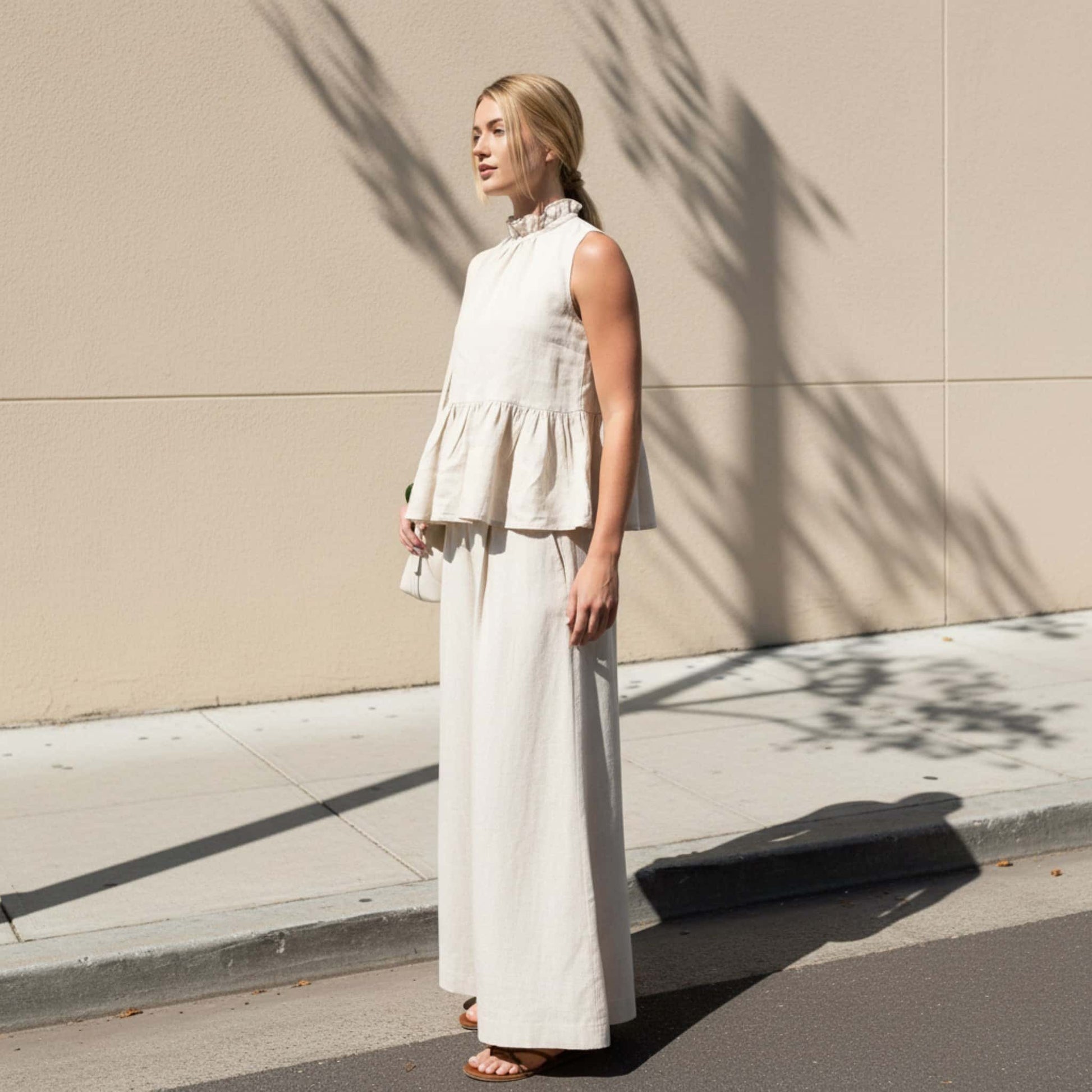 Linen Set Women, Linen Peplum Top And Wide Leg Pants Set