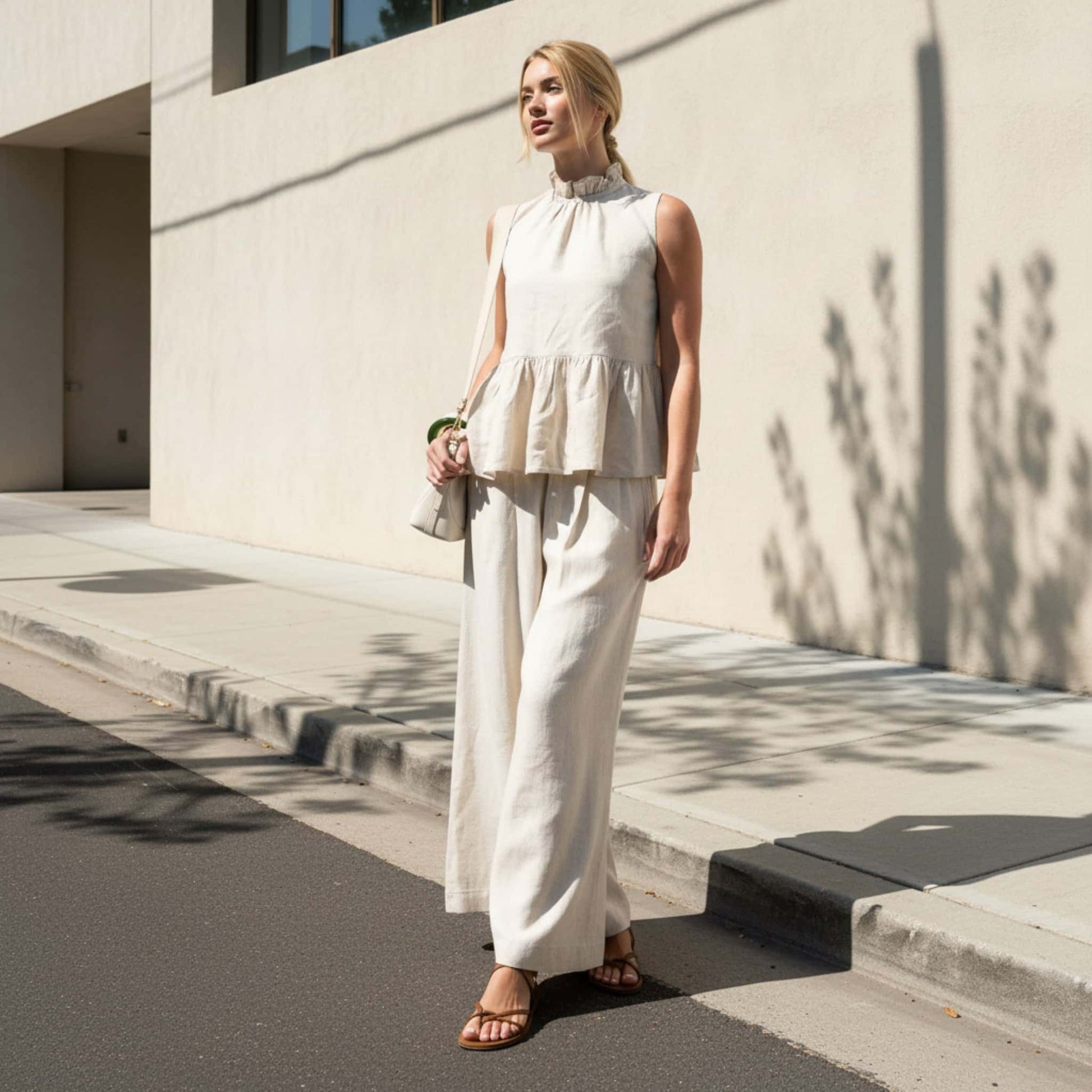 Linen Set Women, Linen Peplum Top And Wide Leg Pants Set