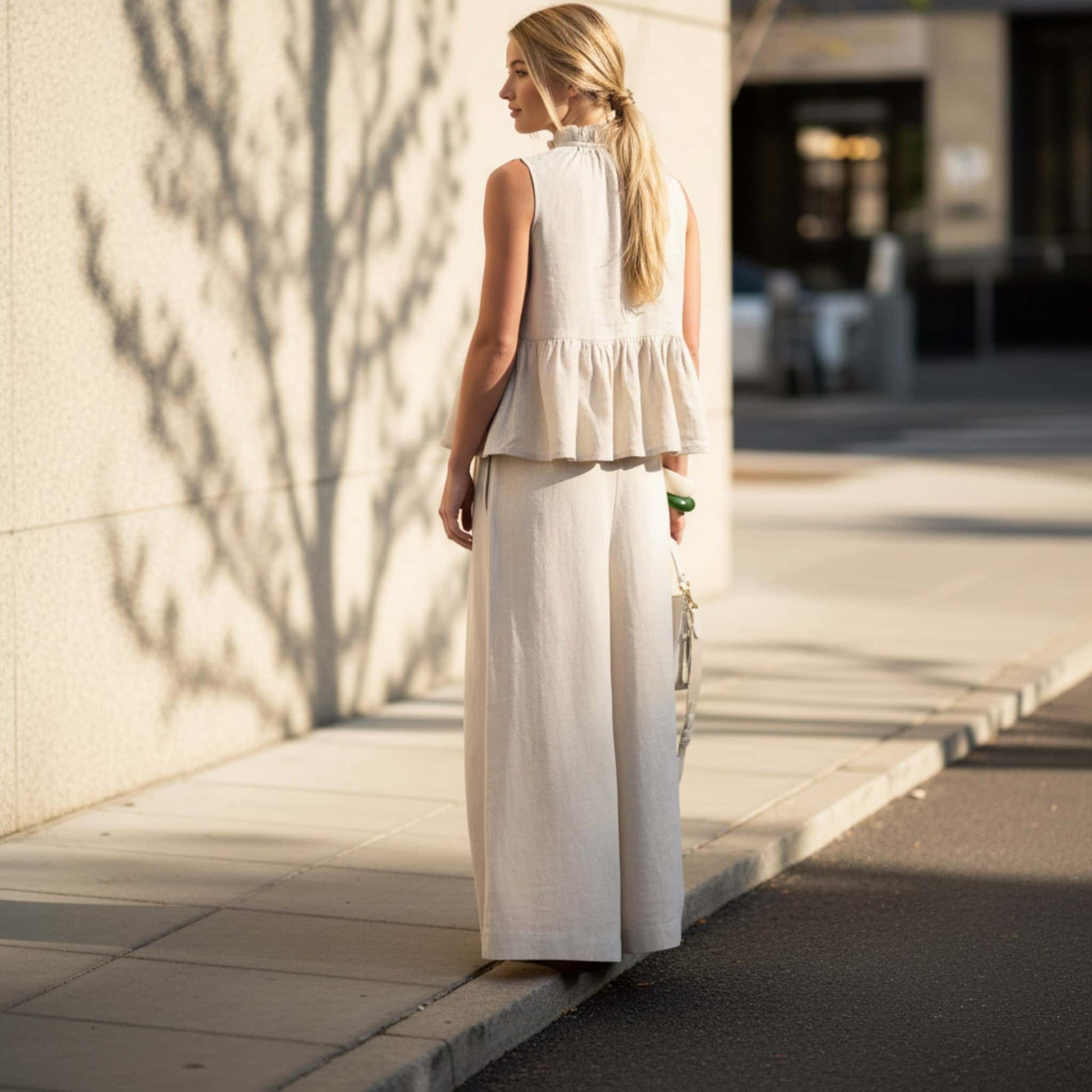 Linen Set Women, Linen Peplum Top And Wide Leg Pants Set