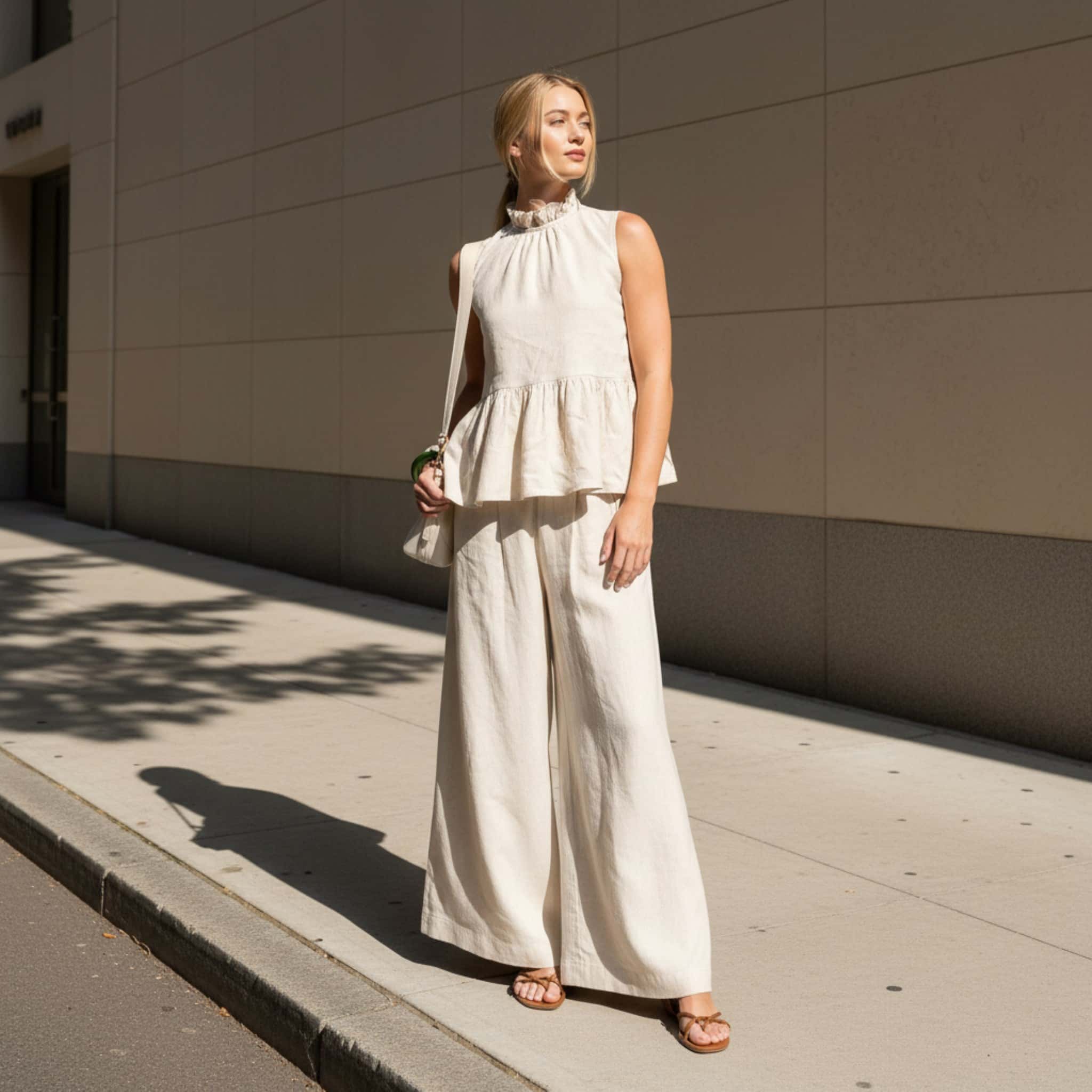 Linen Set Women, Linen Peplum Top And Wide Leg Pants Set