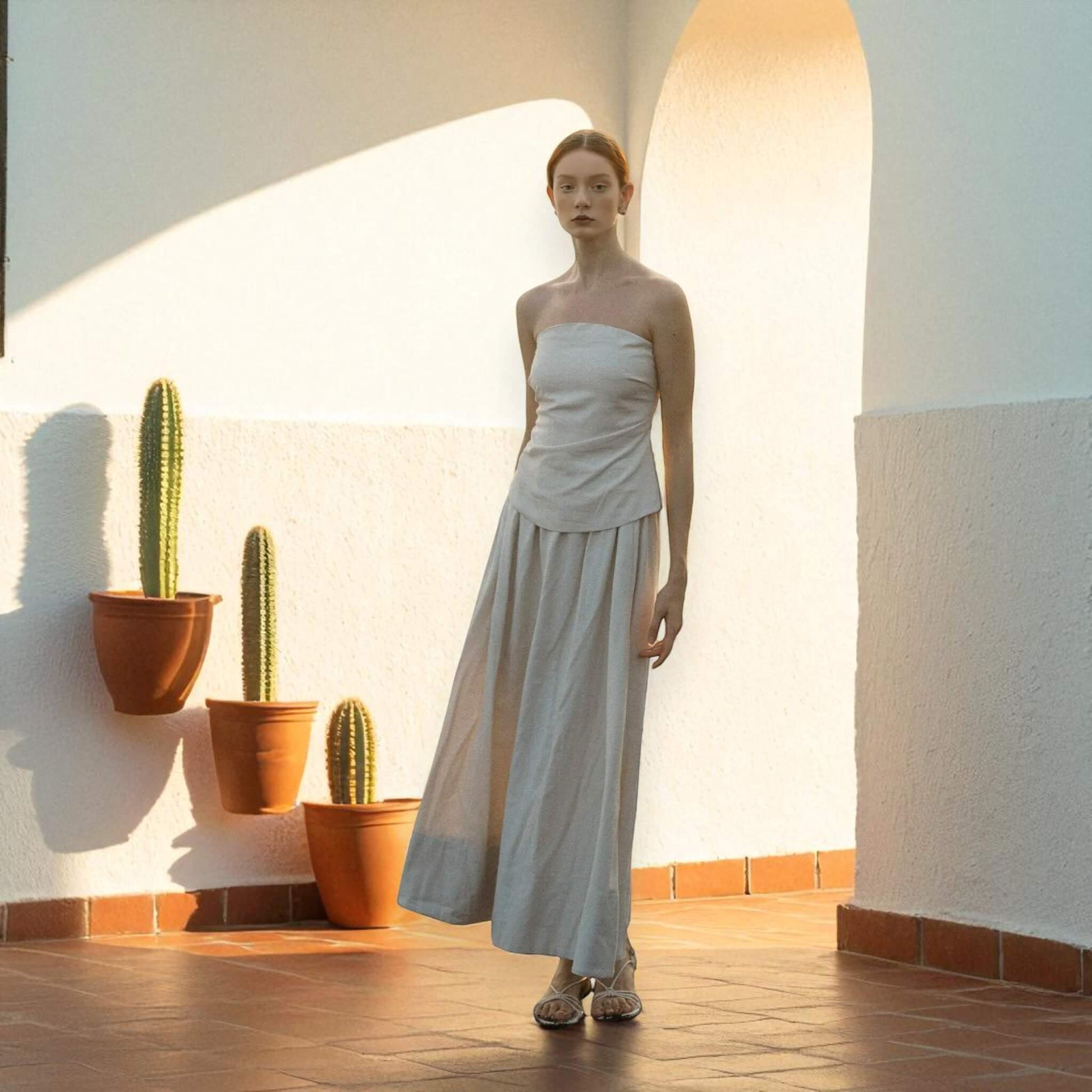 Linen Set Women, Linen Strapless Top And A-Line Maxi Skirt Set