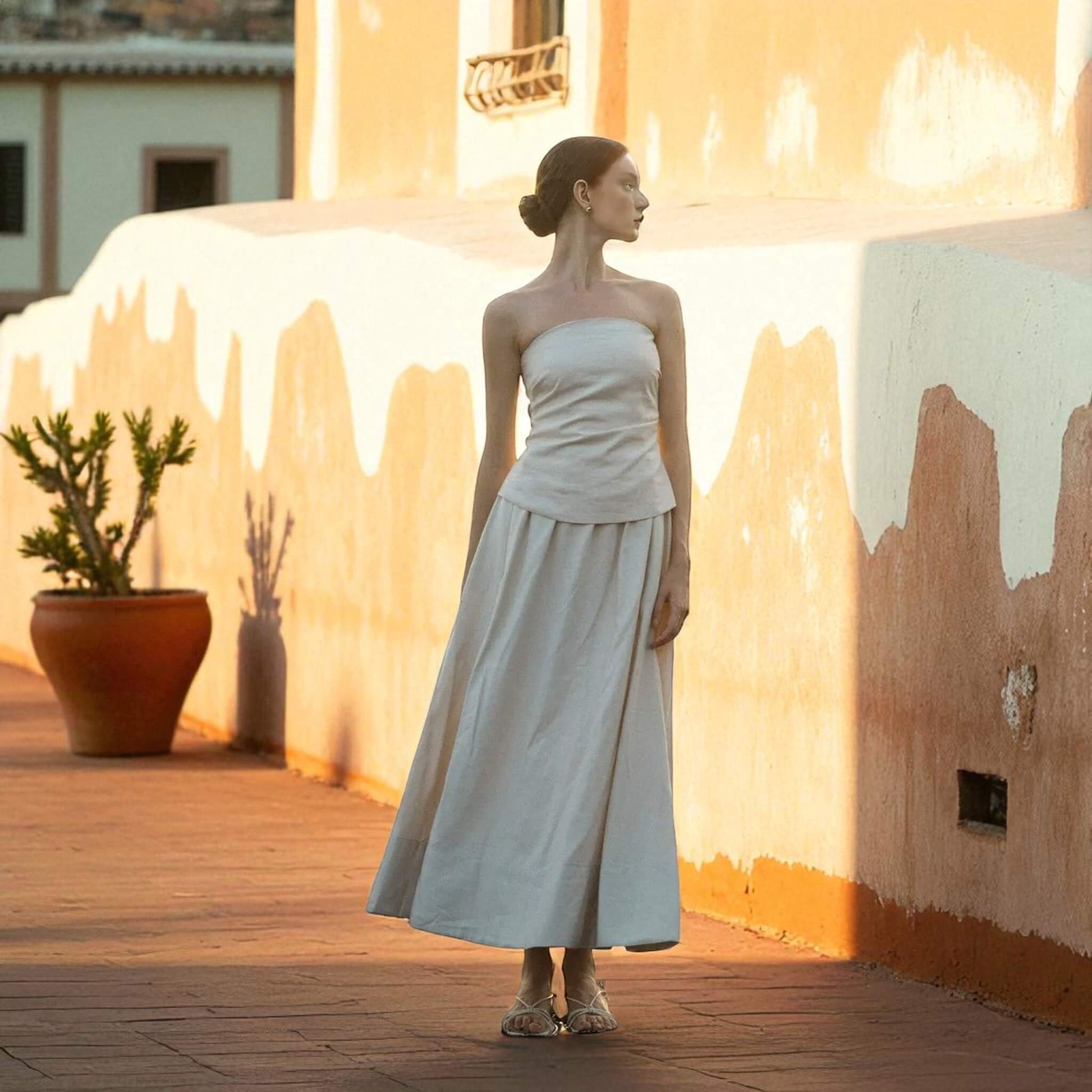 Linen Set Women, Linen Strapless Top And A-Line Maxi Skirt Set