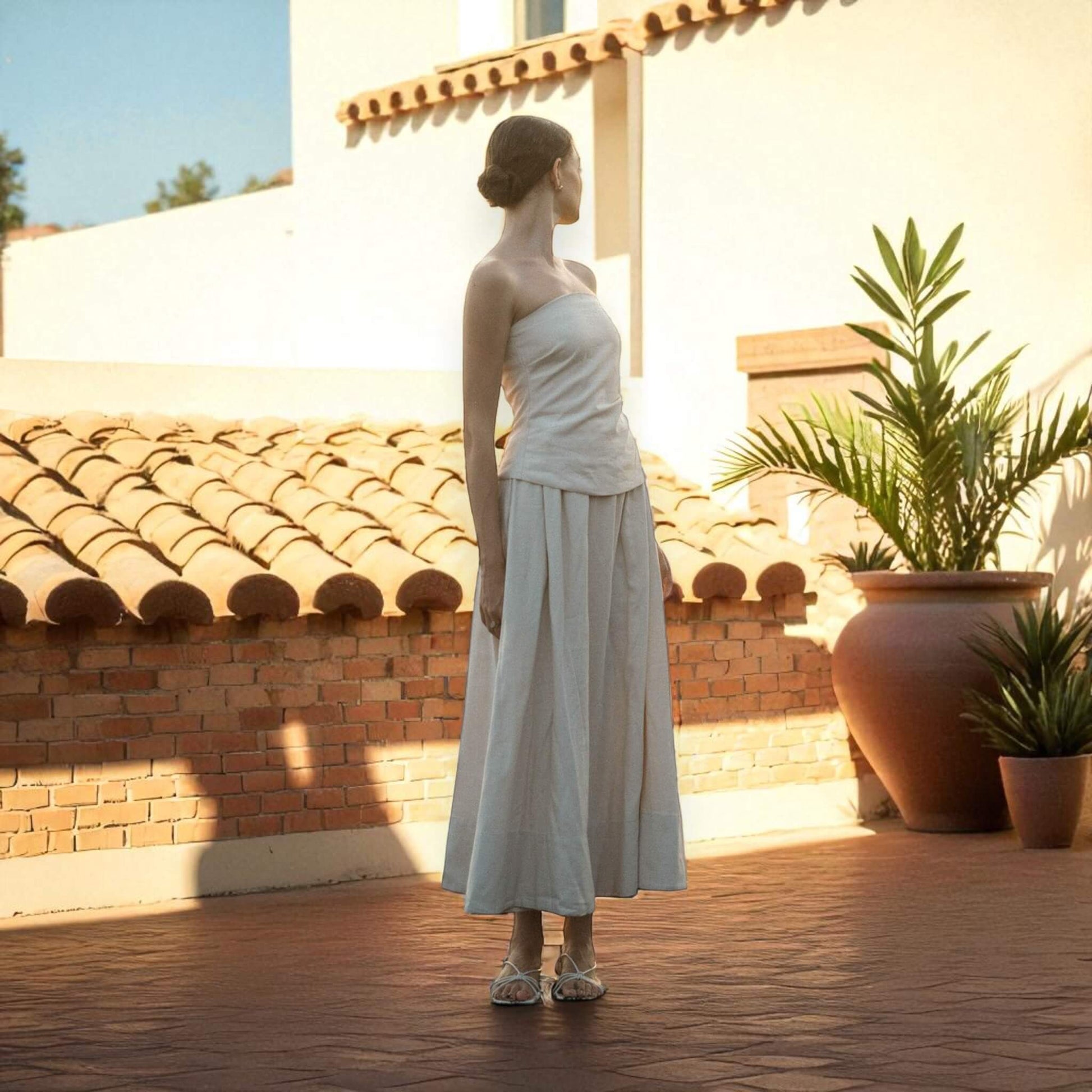 Linen Set Women, Linen Strapless Top And A-Line Maxi Skirt Set
