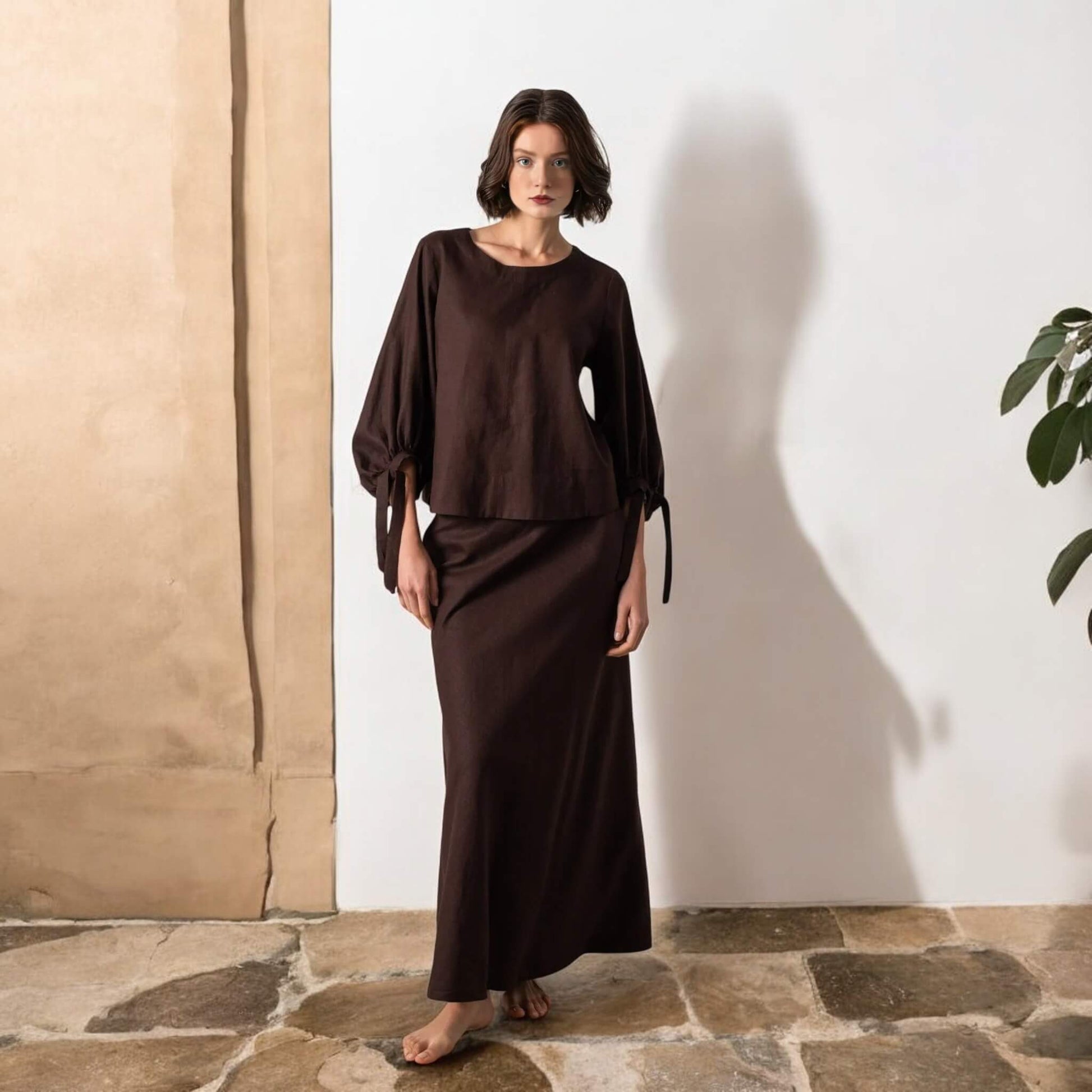 Linen Set Women, Linen Tie-Cuff Blouse And Maxi Skirt Set