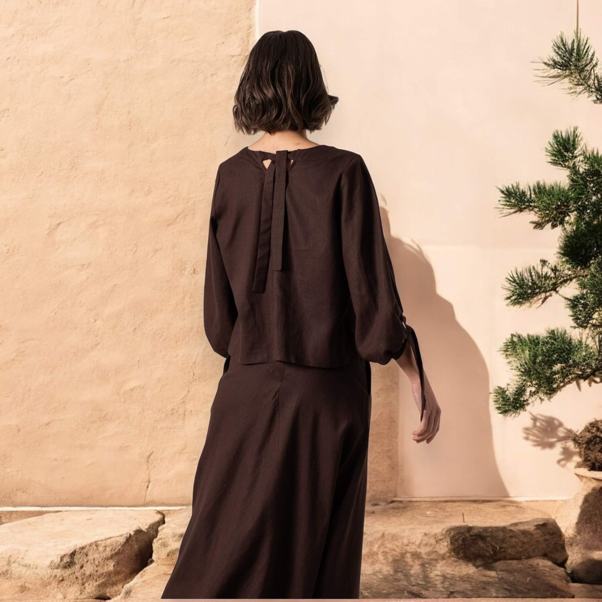 Linen Set Women, Linen Tie-Cuff Blouse And Maxi Skirt Set