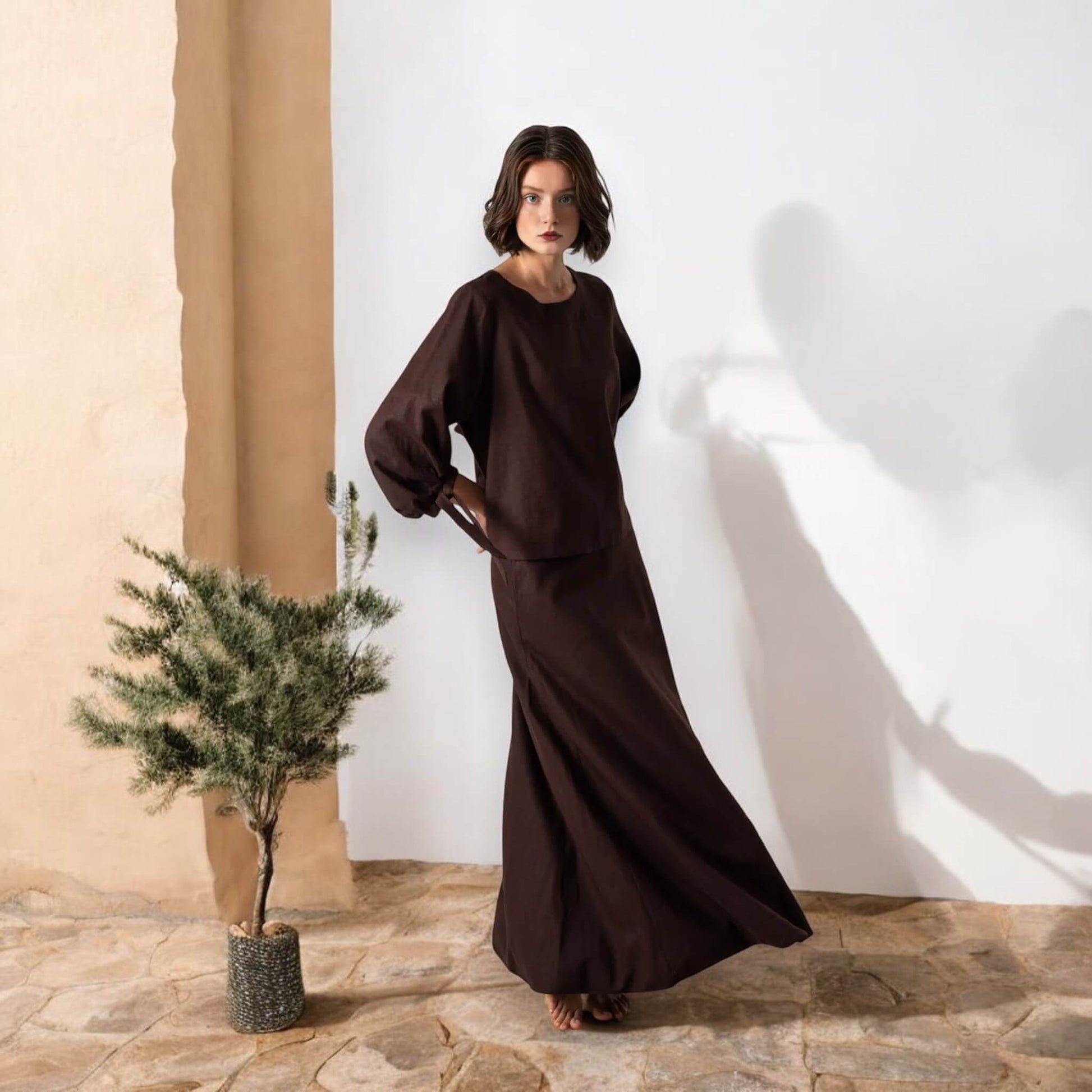 Linen Set Women, Linen Tie-Cuff Blouse And Maxi Skirt Set