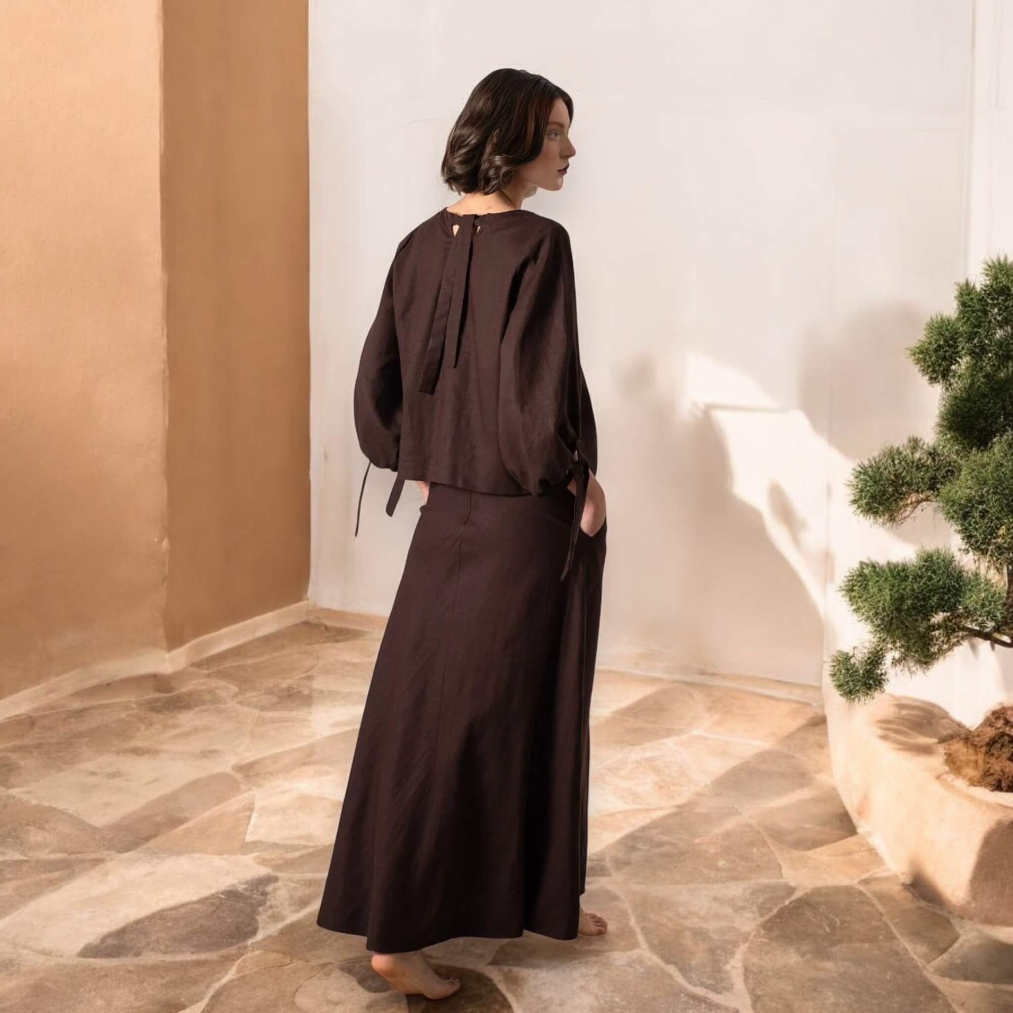 Linen Set Women, Linen Tie-Cuff Blouse And Maxi Skirt Set