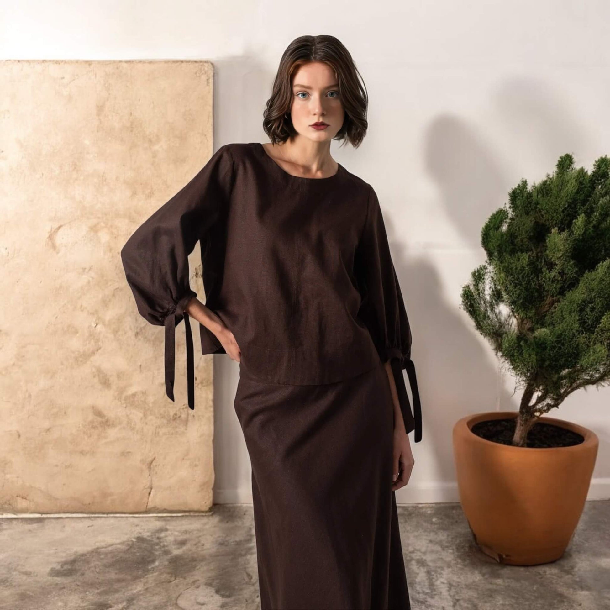 Linen Set Women, Linen Tie-Cuff Blouse And Maxi Skirt Set