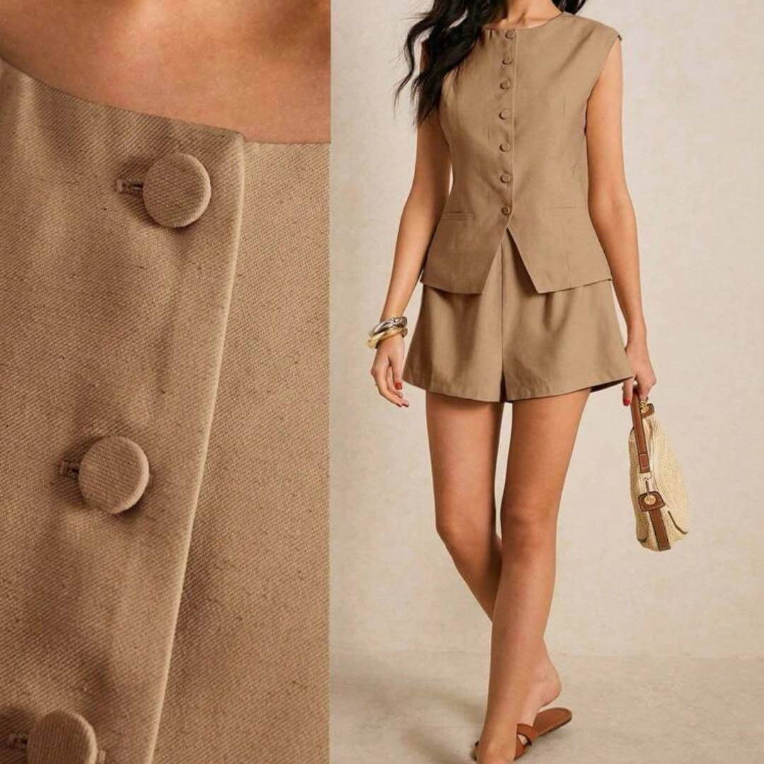 Linen Set Women, Linen Waistcoat And Shorts Set