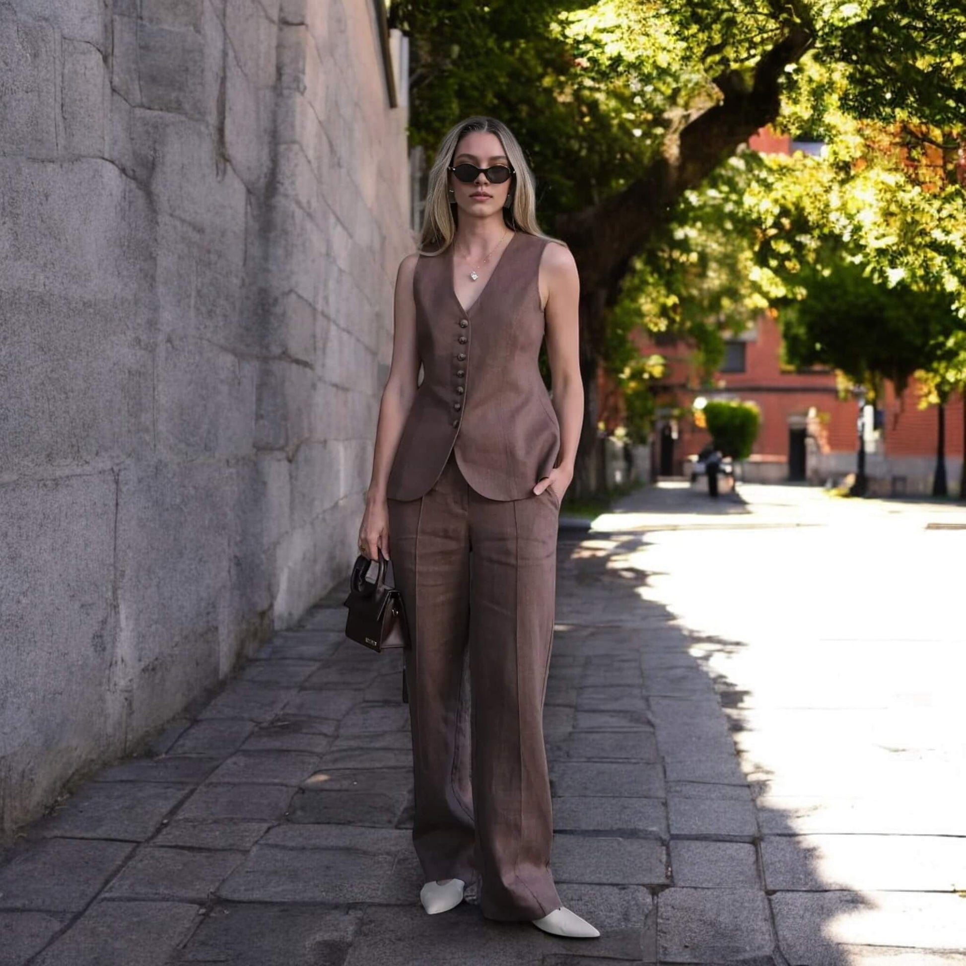 Linen Set Women, Linen Waistcoat And Wide Leg Trousers Set