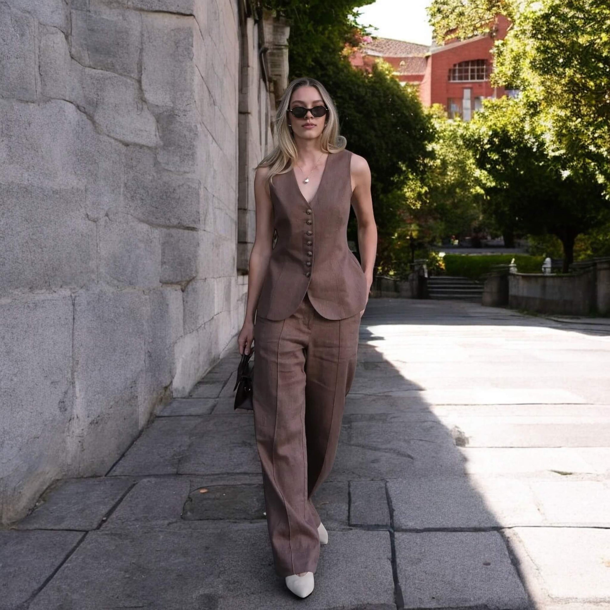 Linen Set Women, Linen Waistcoat And Wide Leg Trousers Set